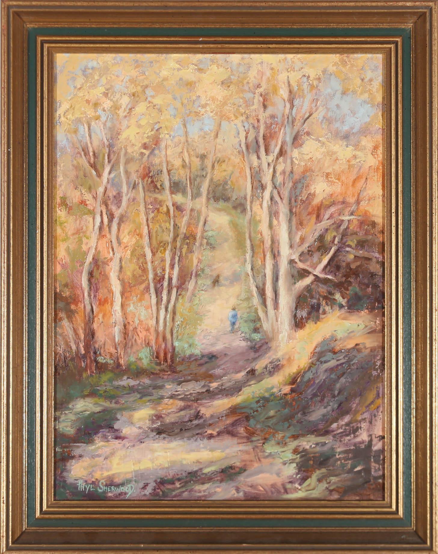 This impressionistic study depicts autumn colour in the mixed woodlands near Headley Heath. Areas of light and shade lead the viewer along a public footpath, with a local walker pictured in the centre of the scene. Signed to the lower left. The oil