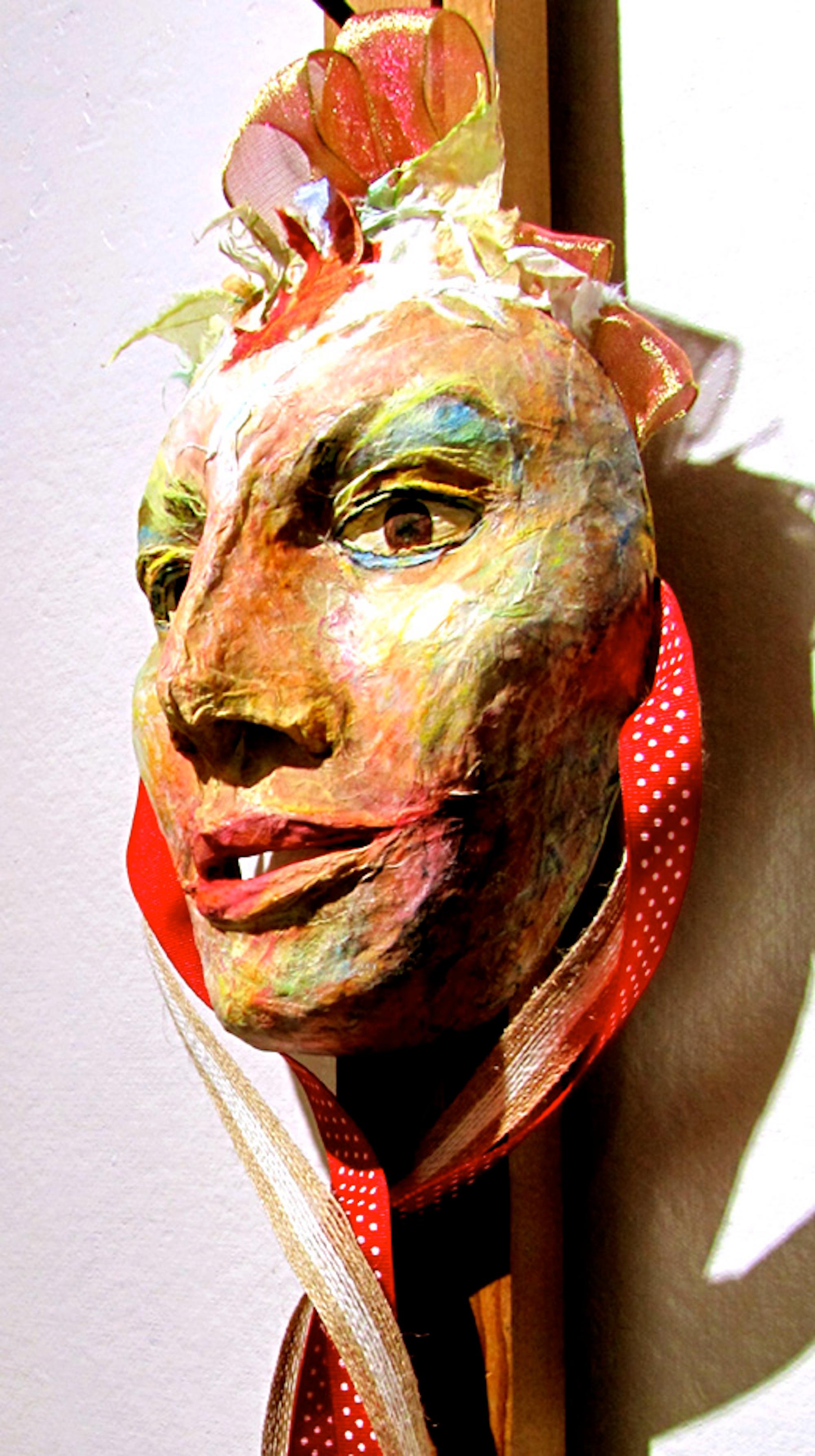 Mixed Media Mask -- Dahlia's Sister - Beige Figurative Sculpture by Phyllis Tracy Malinow