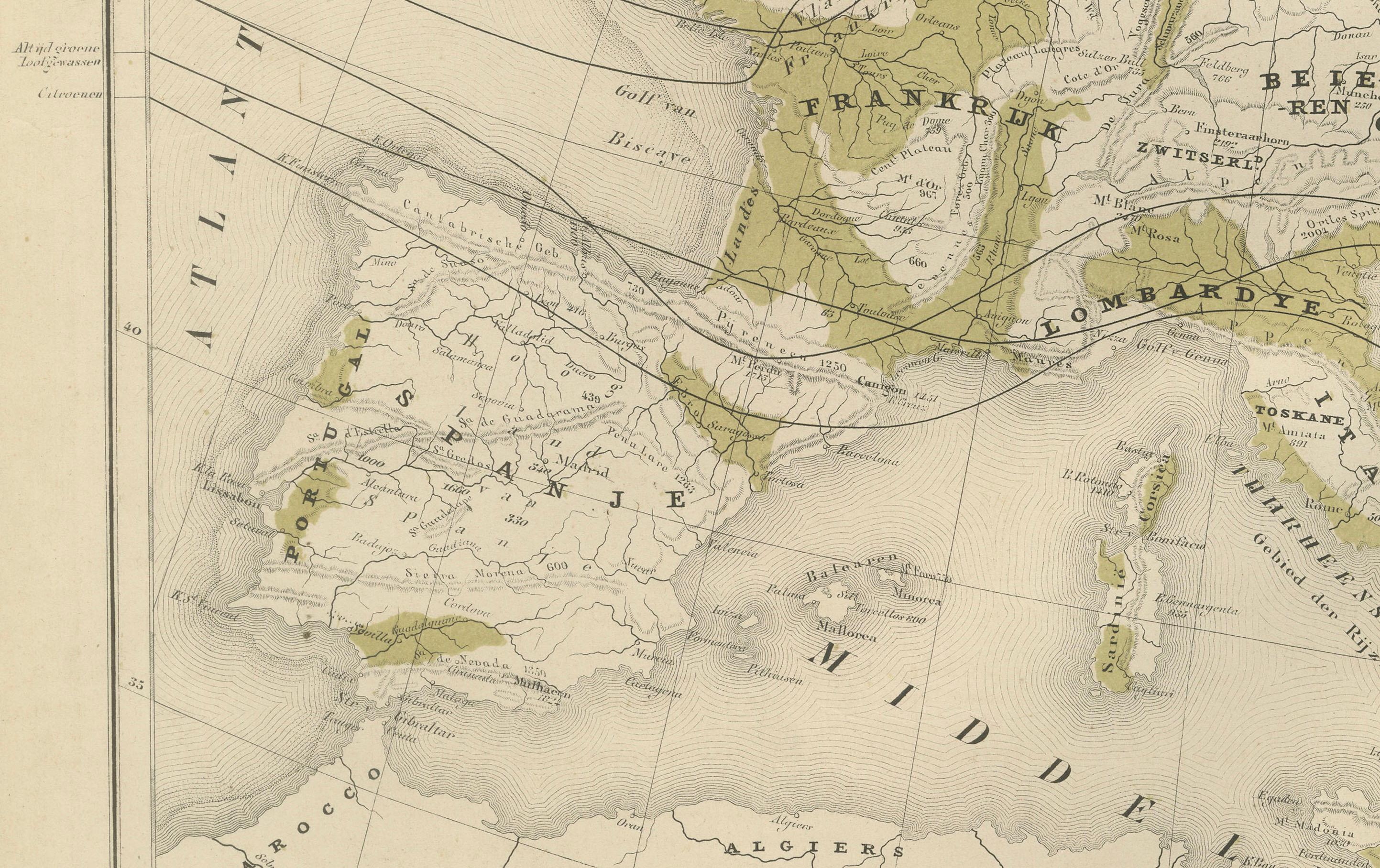Mapa físico de Europa - Nieuwe Hand-Atlas de Frijlink & van Otterloo, 1876 Fines del siglo XIX en venta
