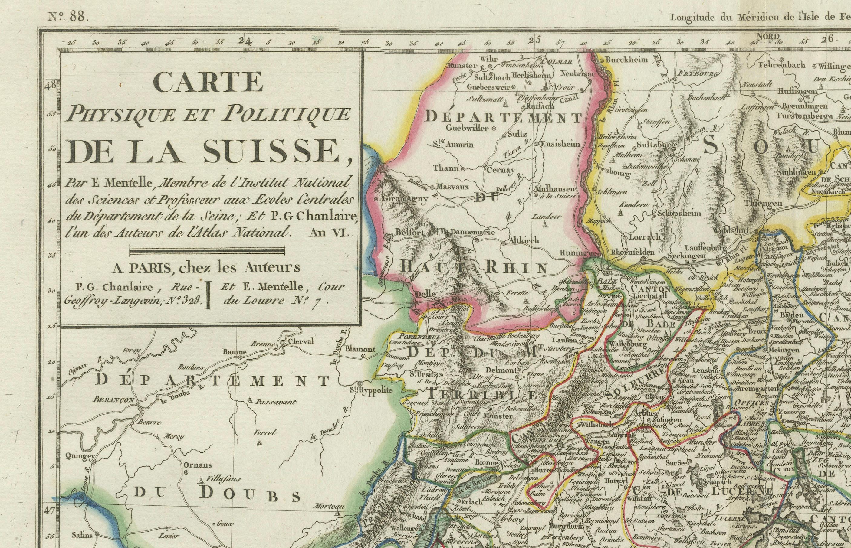 Mapa físico y político de Suiza: Finales del siglo XVIII - Atlas Mentelle Grabado en venta