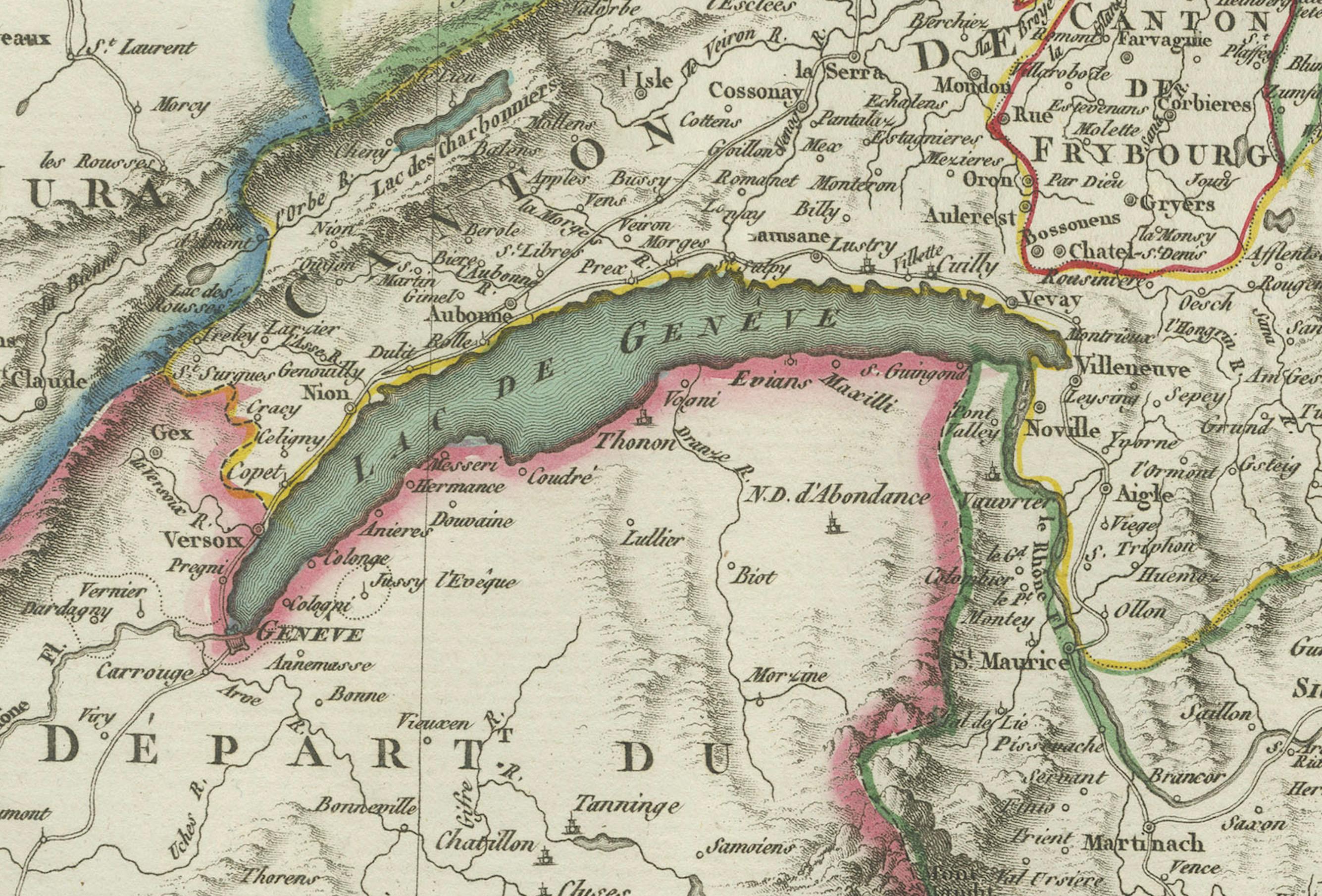 Mapa físico y político de Suiza: Finales del siglo XVIII - Atlas Mentelle en Bueno estado para la venta en Langweer, NL