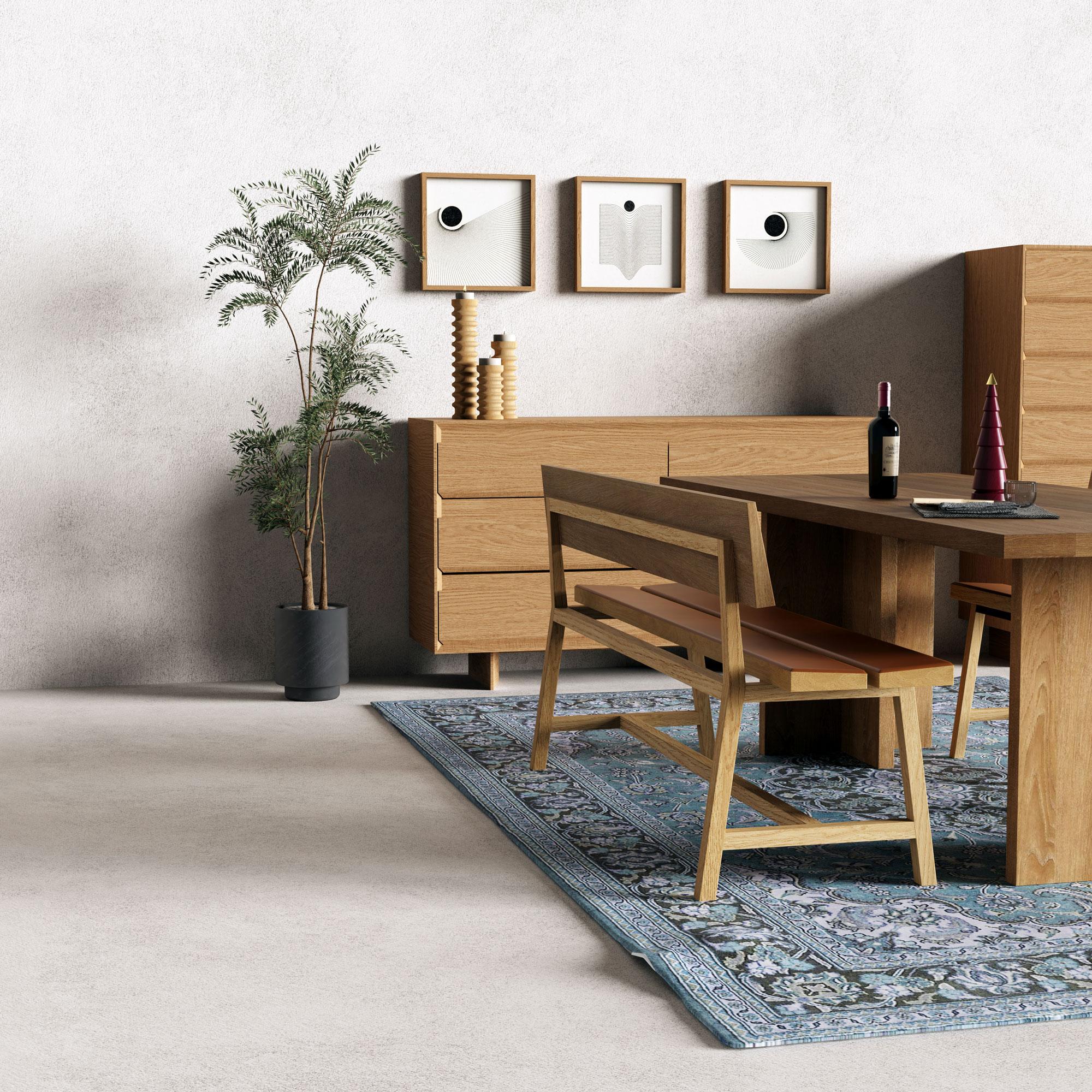 Woodwork PI Bench, Oak Backrest, Upholstered Forest For Sale