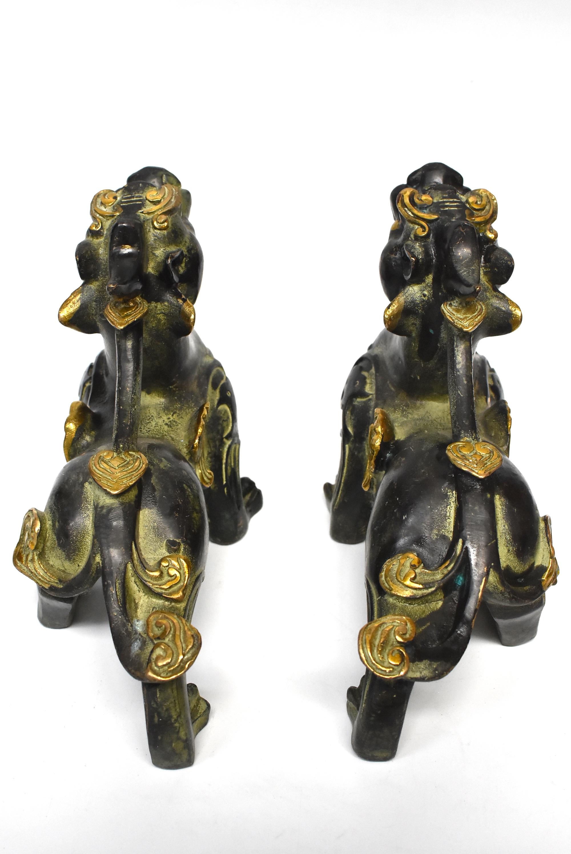 Pair Bronze Pi Xiu Lion Statues Paperweights 11