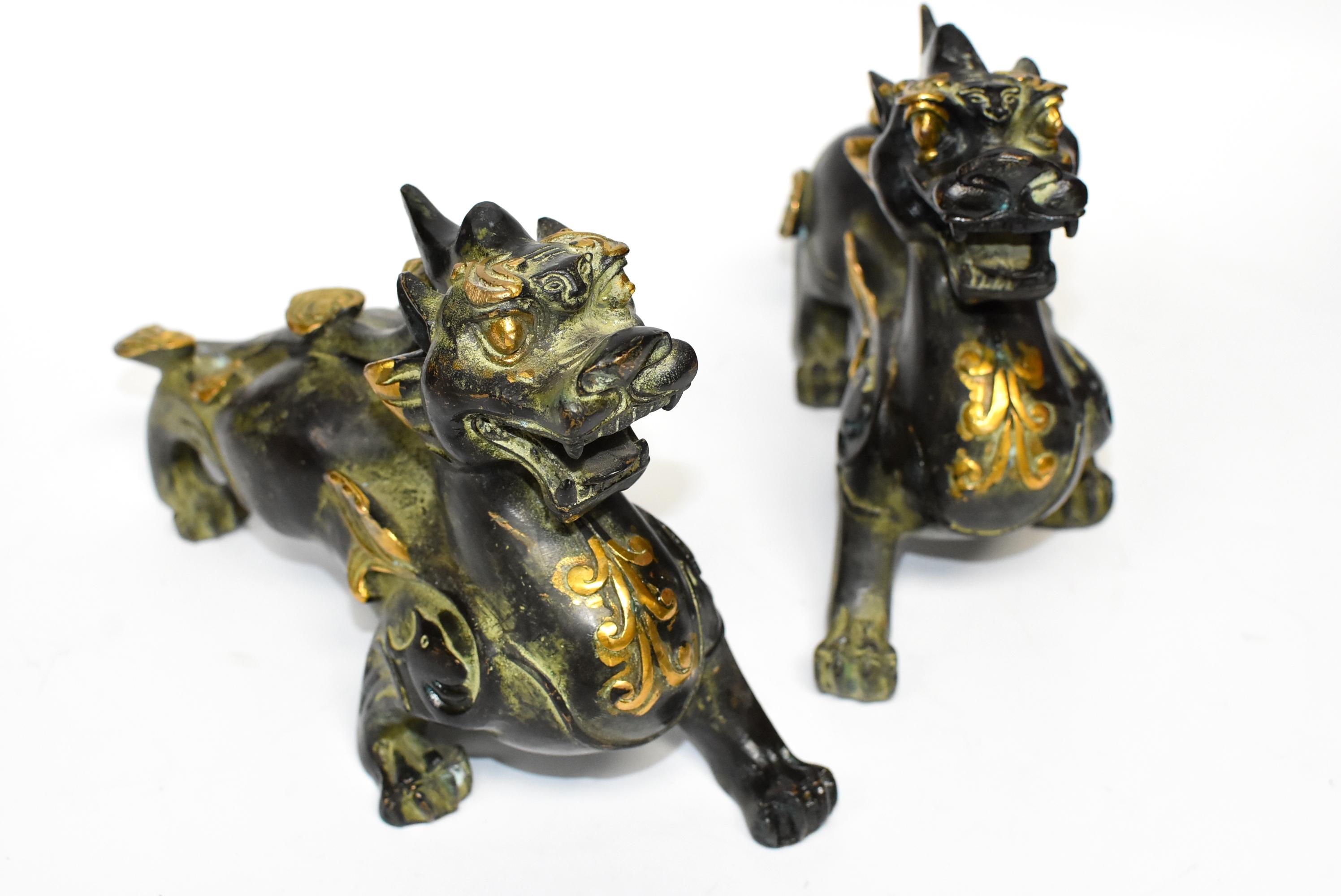 Pair Bronze Pi Xiu Lion Statues Paperweights 13