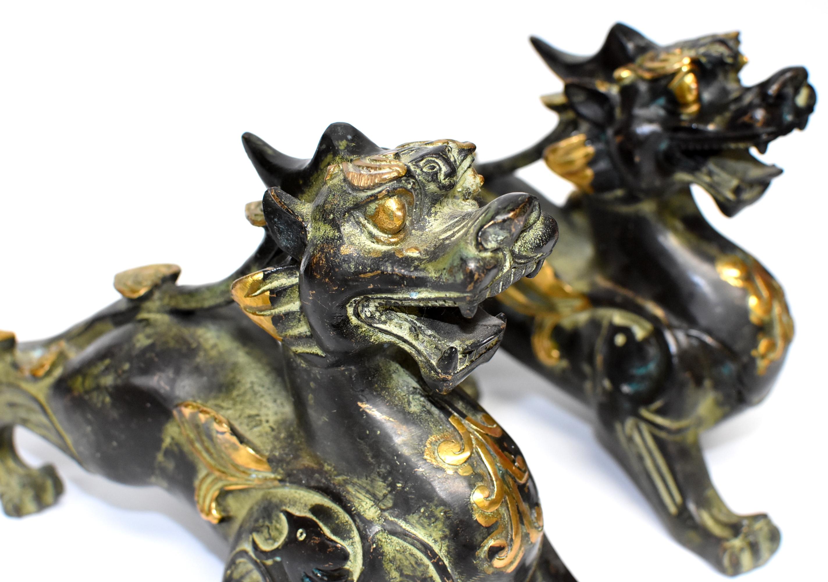Pair Bronze Pi Xiu Lion Statues Paperweights 14
