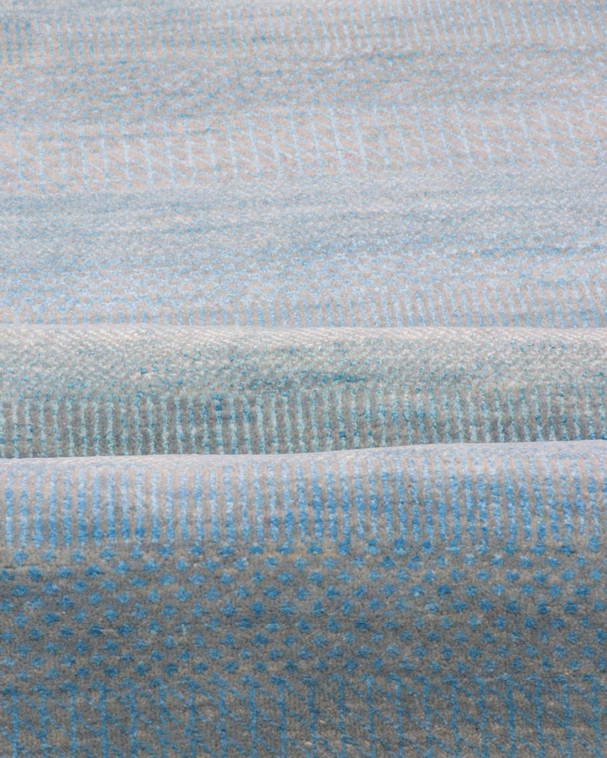Wool Pia, Contemporary Solid Hand Knotted Runner Rug, Sky