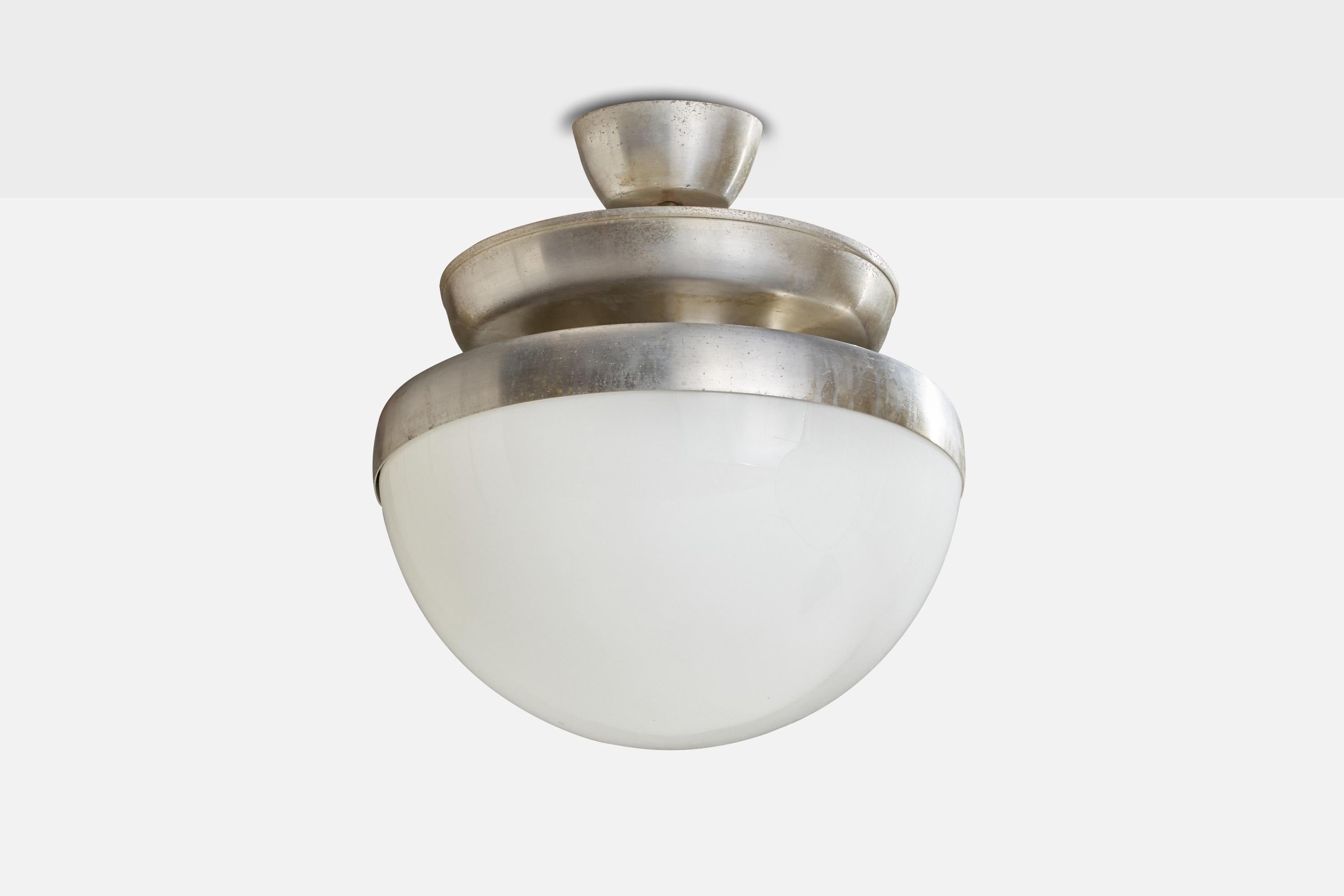A metal and opline glass pendant designed by Pia Crippa Guidetti and produced by Lumi Milano, Italy, c. 1960.

Dimensions of canopy (inches): 2.75” H x 5.75” Diameter
Socket takes standard E-26 bulbs. 2 sockets.There is no maximum wattage stated on