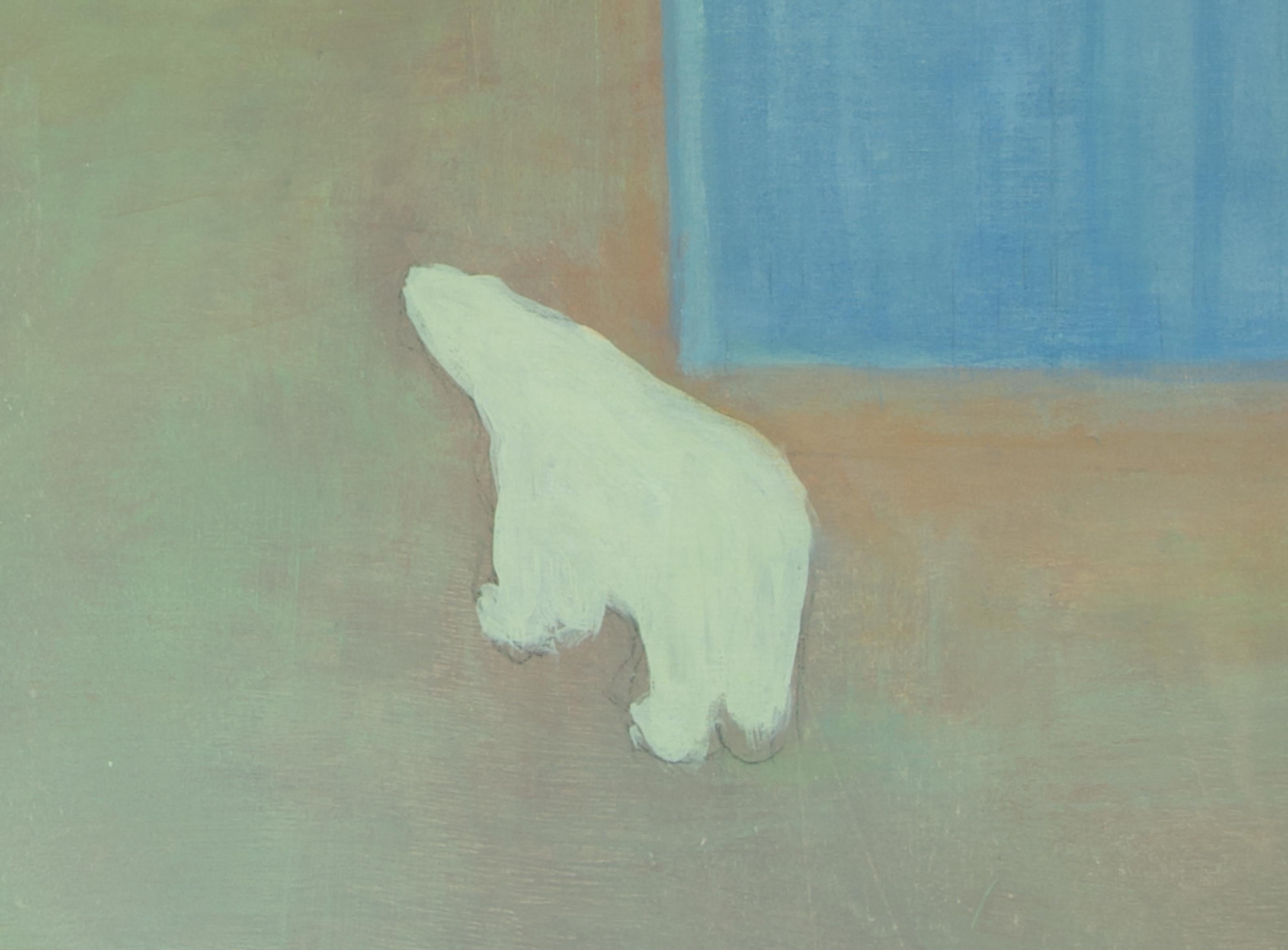 Based on her travels to the Svalbard Archipelago (Norway), Pia De Girolamo’s arctic landscape paintings portray moody, barren terrains, vast expanses of water and often a lone polar bear, acting as both witness and guide. Her diffuse light, spare