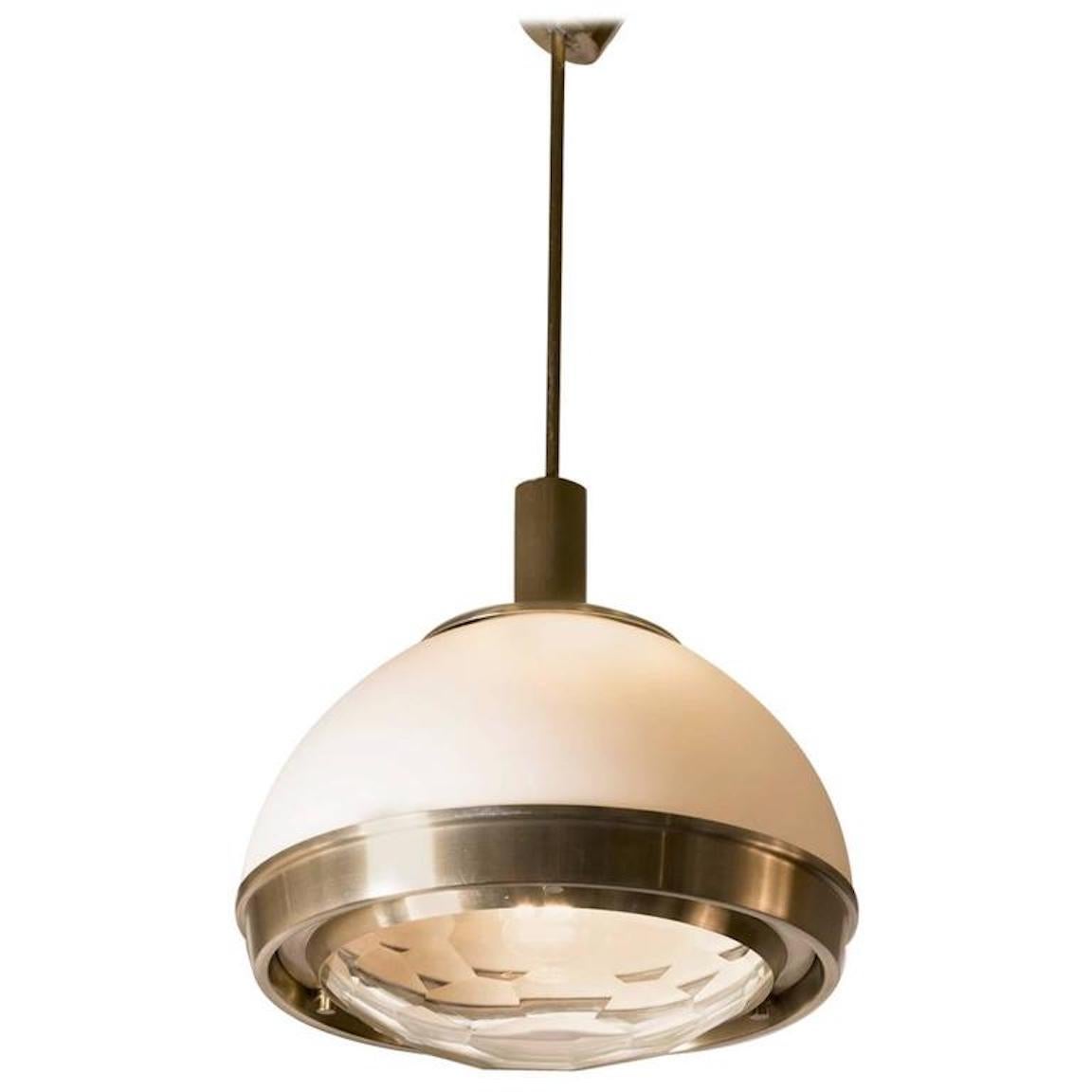 Italian milk, faceted glass and chrome pendant light by Pia Guidette Crippa for Lumi, Italy. Pendant is in pristine condition and has been rewired for the United States. Dimensions are for the body only.