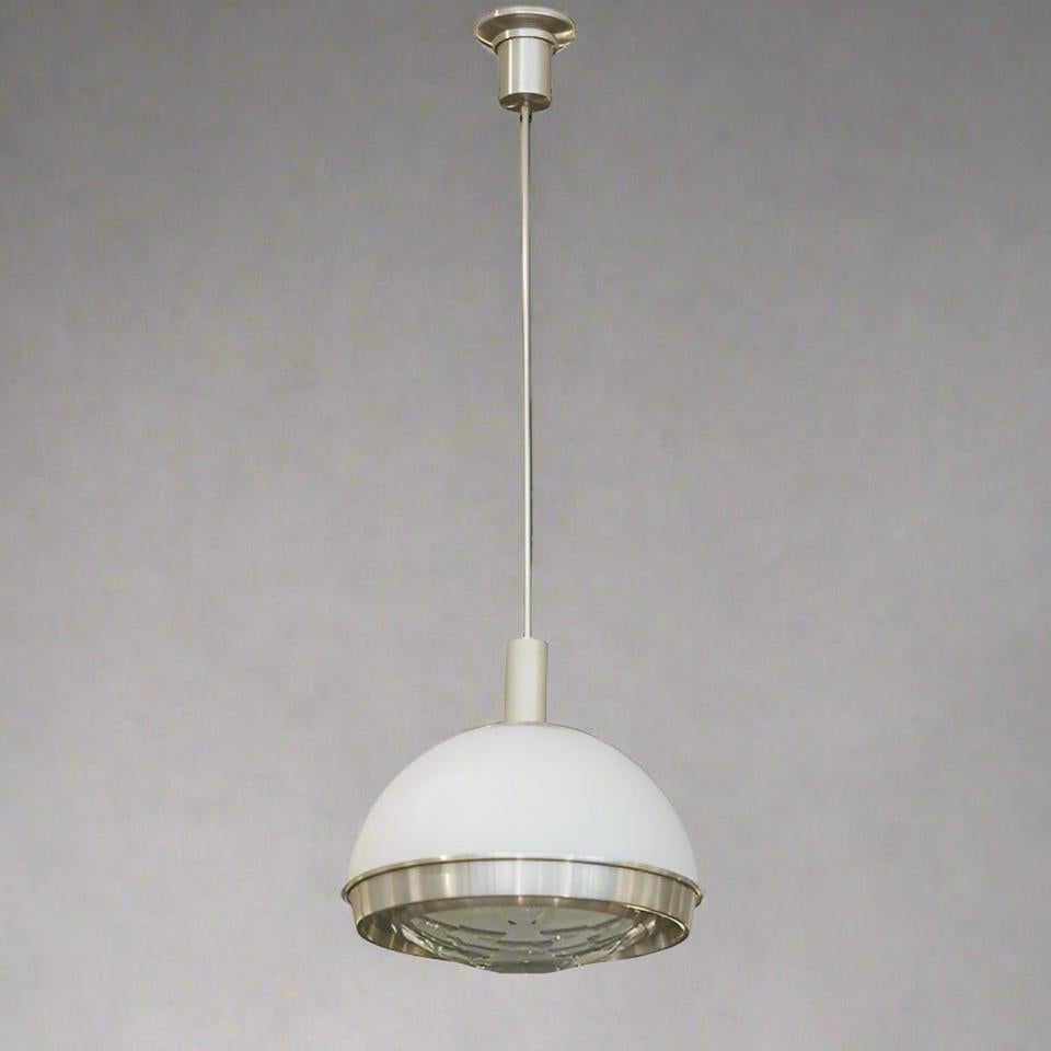 Pia Guidetti Crippa Modernist Pendant Light for Lumi.

It features an illuminated faceted clear glass bottom
 with additional illuminated frosted glass top , and brushed aluminum details.  
This fixture is currently NOT UL wired.