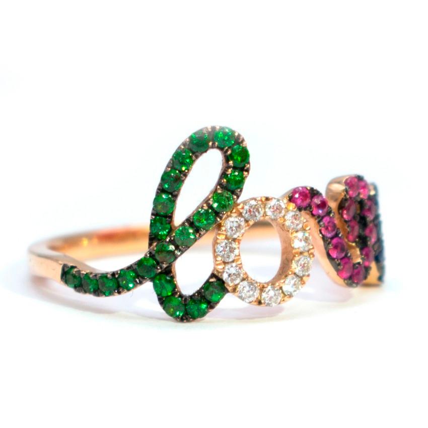 Pia Hallstrom Rainbow Love Ring

--18K rose gold lightweight band
-'Love' encrusted with 0.24ct green garnets, 0.11ct white diamonds, 0.16ct red rubies and 0.14ct blue sapphires
-High quality and brand new with box

Please note, these items are