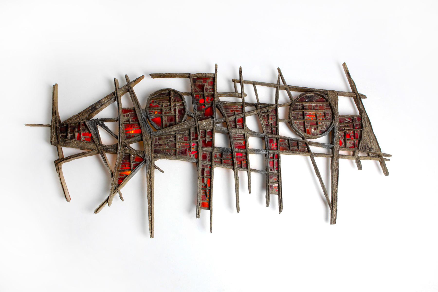 Belgian Pia Manu Brutalist Illuminated Wall Sculpture in Steel & Red Stained Glass 1970s For Sale