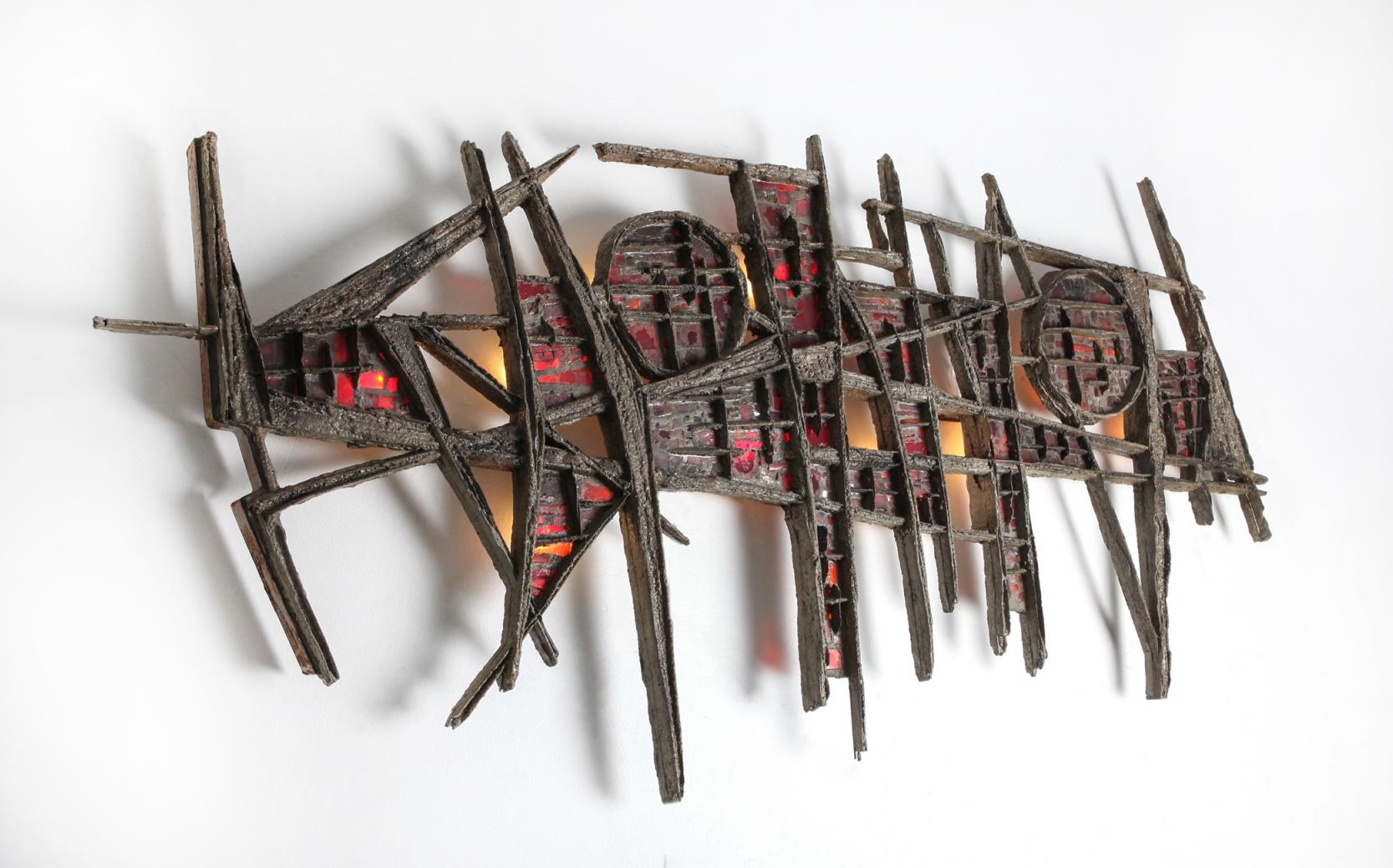 Pia Manu Brutalist Illuminated Wall Sculpture in Steel & Red Stained Glass 1970s For Sale 1