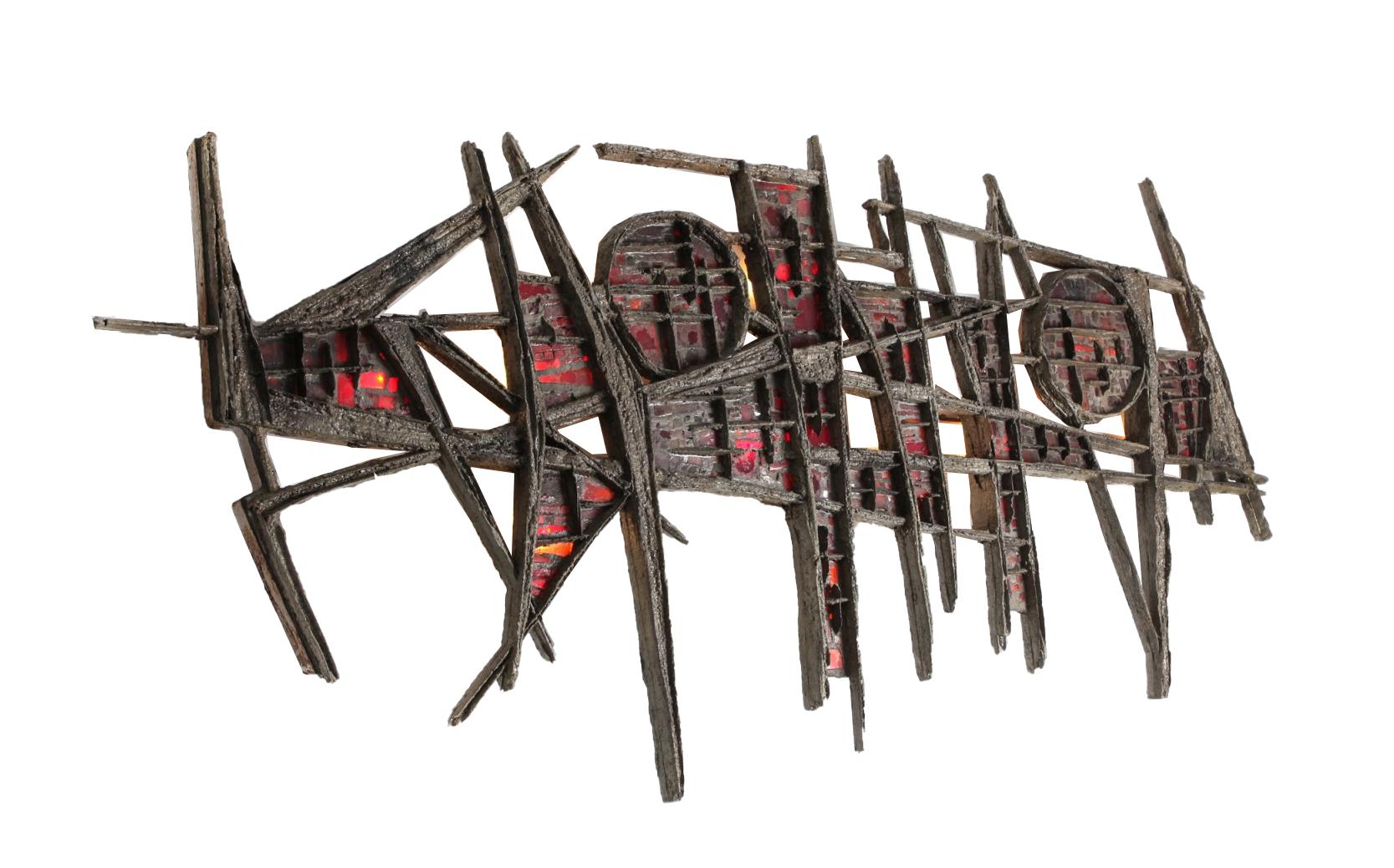 Pia Manu Brutalist Illuminated Wall Sculpture in Steel & Red Stained Glass 1970s For Sale 2
