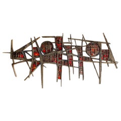 Pia Manu Brutalist Illuminated Wall Sculpture in Steel & Red Stained Glass 1970s