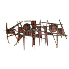 Vintage Pia Manu Brutalist Illuminated Wall Sculpture in Steel & Red Stained Glass 1970s