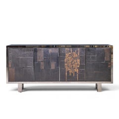 Pia Manu Brutalist Mid Century Steel, Chrome and Glass Credenza