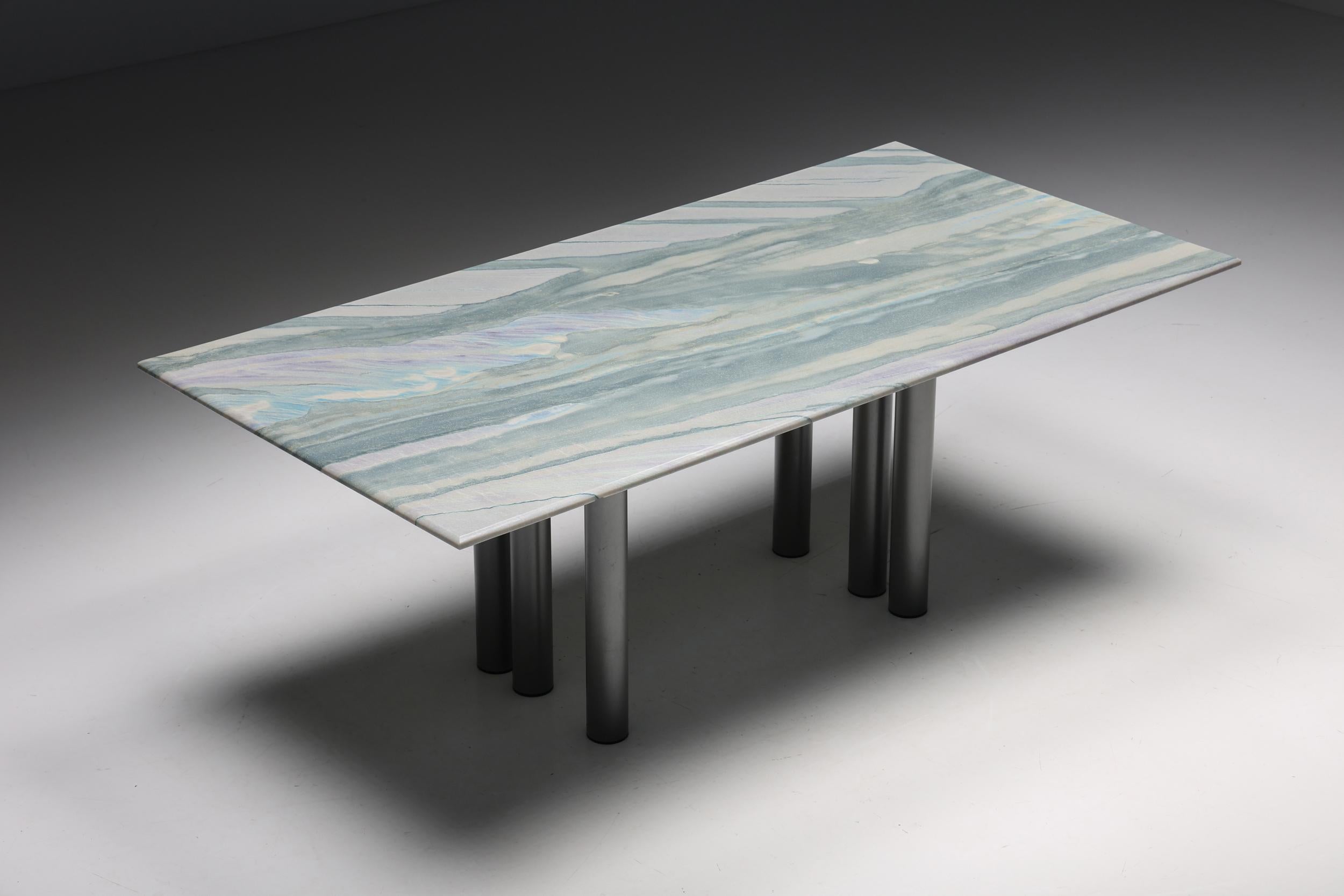 Lacquered Pia Manu Dining Table in Marble & Steel, 1990s For Sale