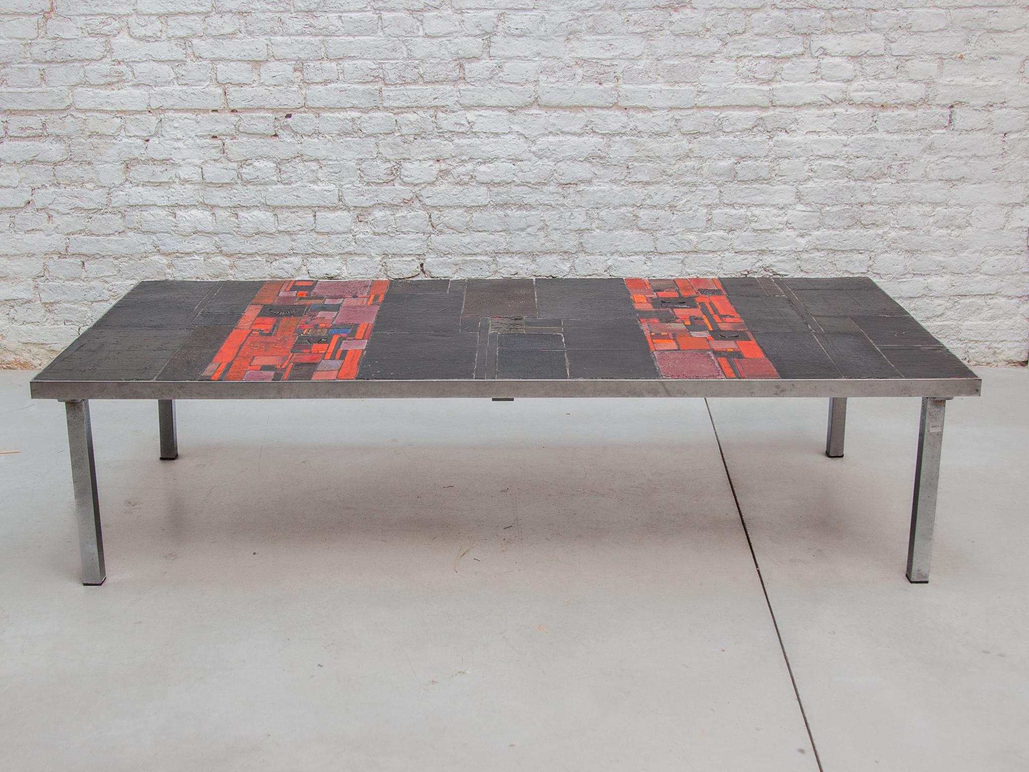 Hand-Crafted Pia Manu For Amphora Large Coffee Table, Black and Red Glazed Tiles For Sale