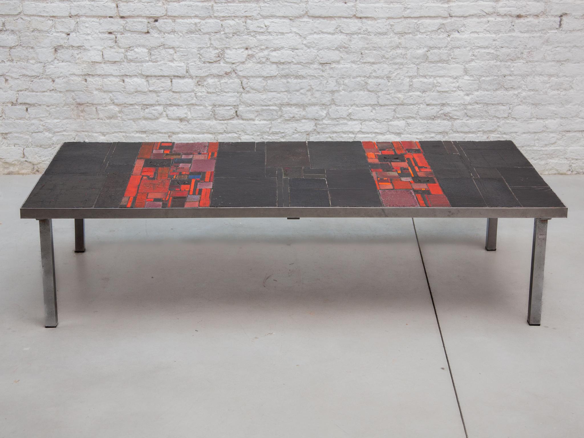 Mid-20th Century Pia Manu For Amphora Large Coffee Table, Black and Red Glazed Tiles For Sale