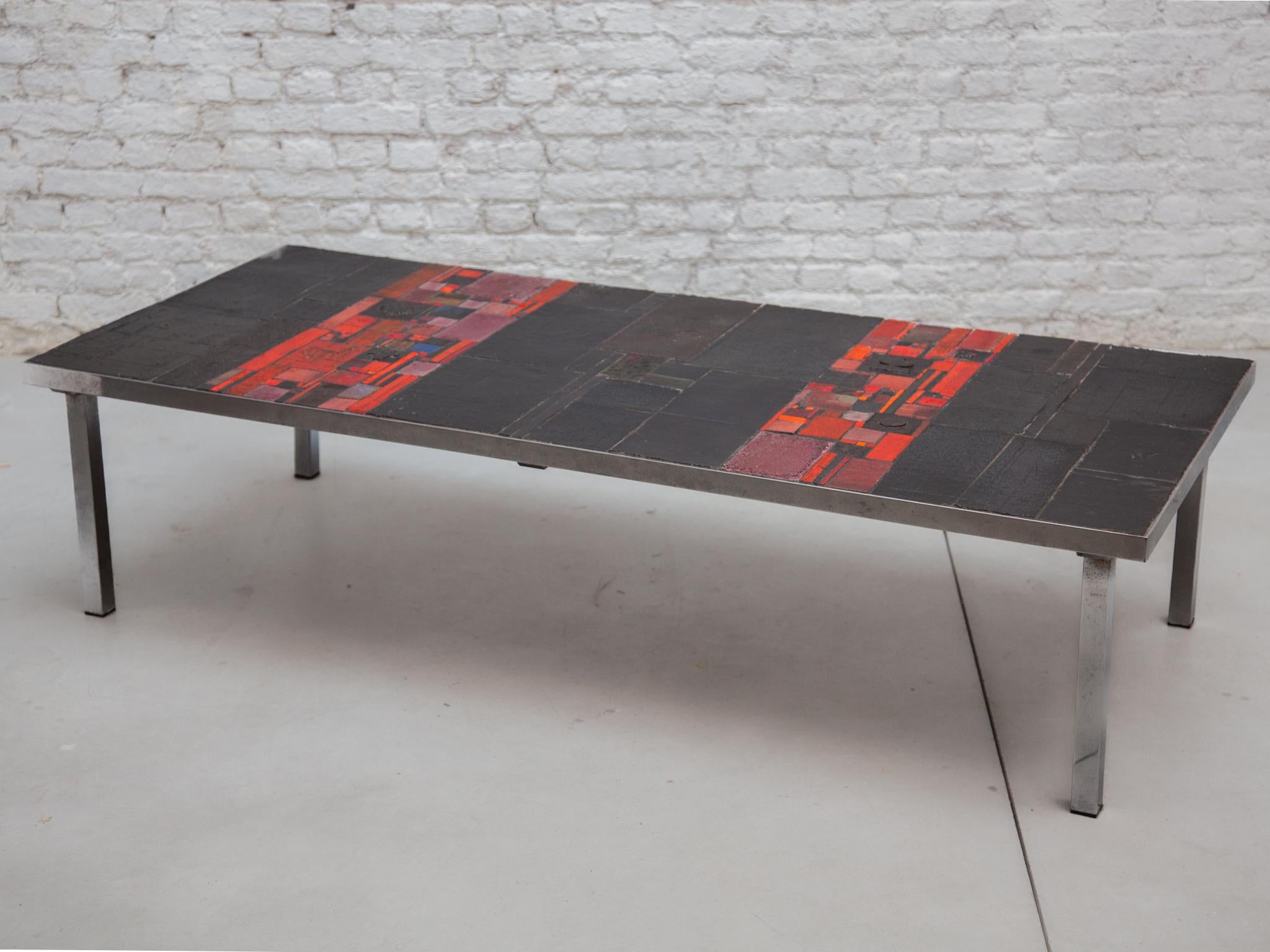 Pia Manu For Amphora Large Coffee Table, Black and Red Glazed Tiles For Sale 1