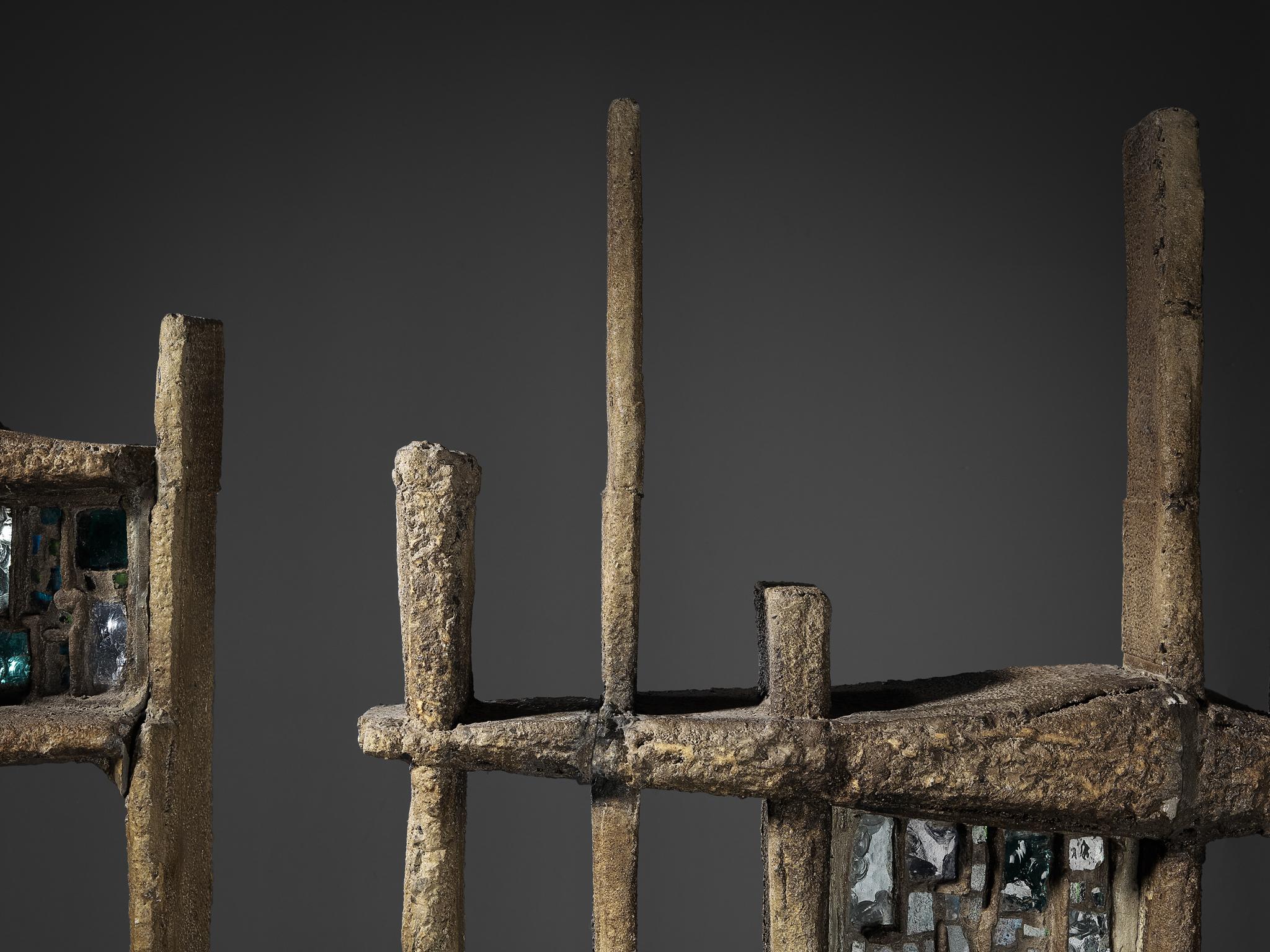 Post-Modern Pia Manu Hand Crafted Room Divider in Burnished Concrete and Stained Glass For Sale