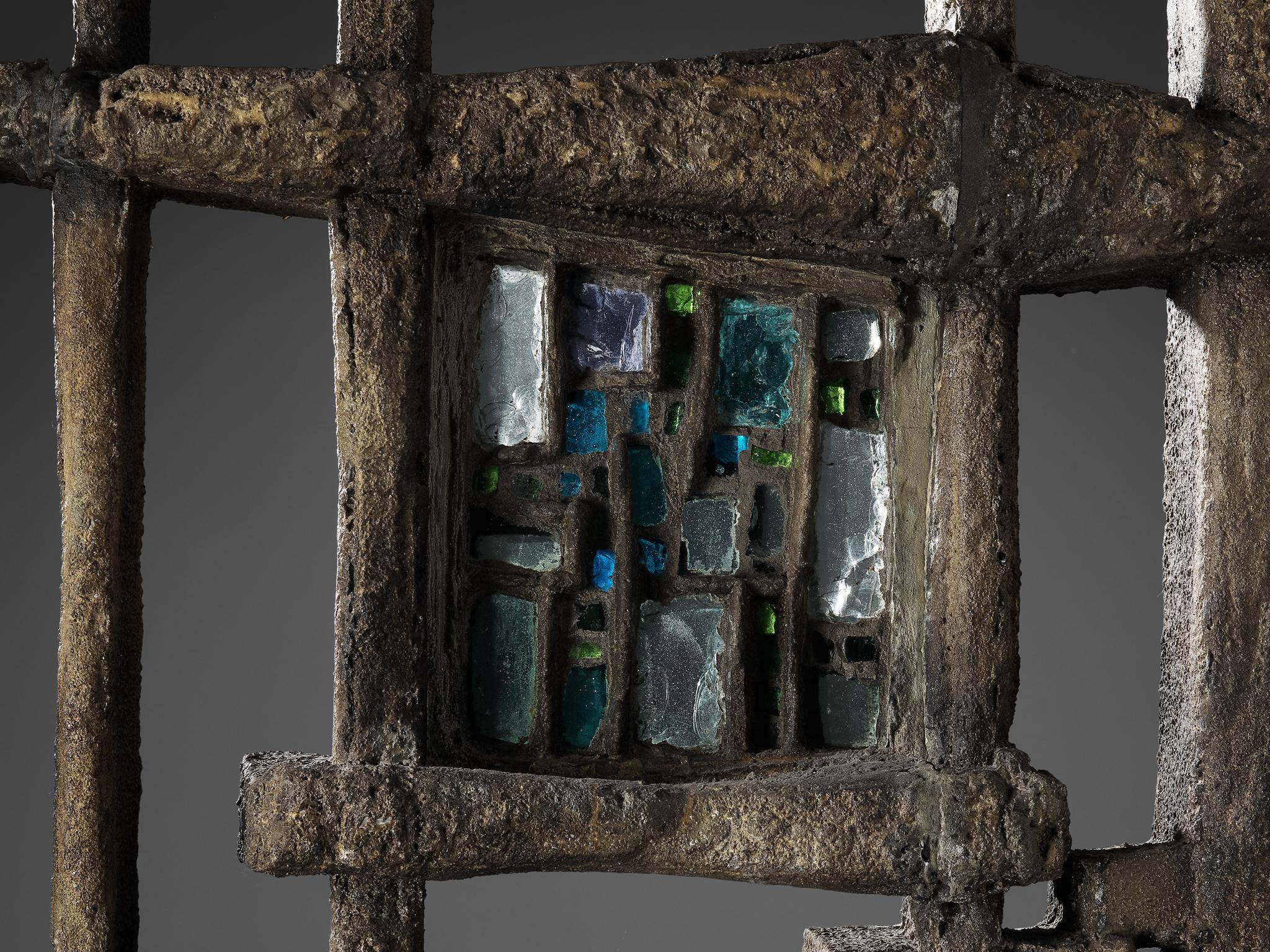 Belgian Pia Manu Hand Crafted Room Divider in Burnished Concrete and Stained Glass For Sale