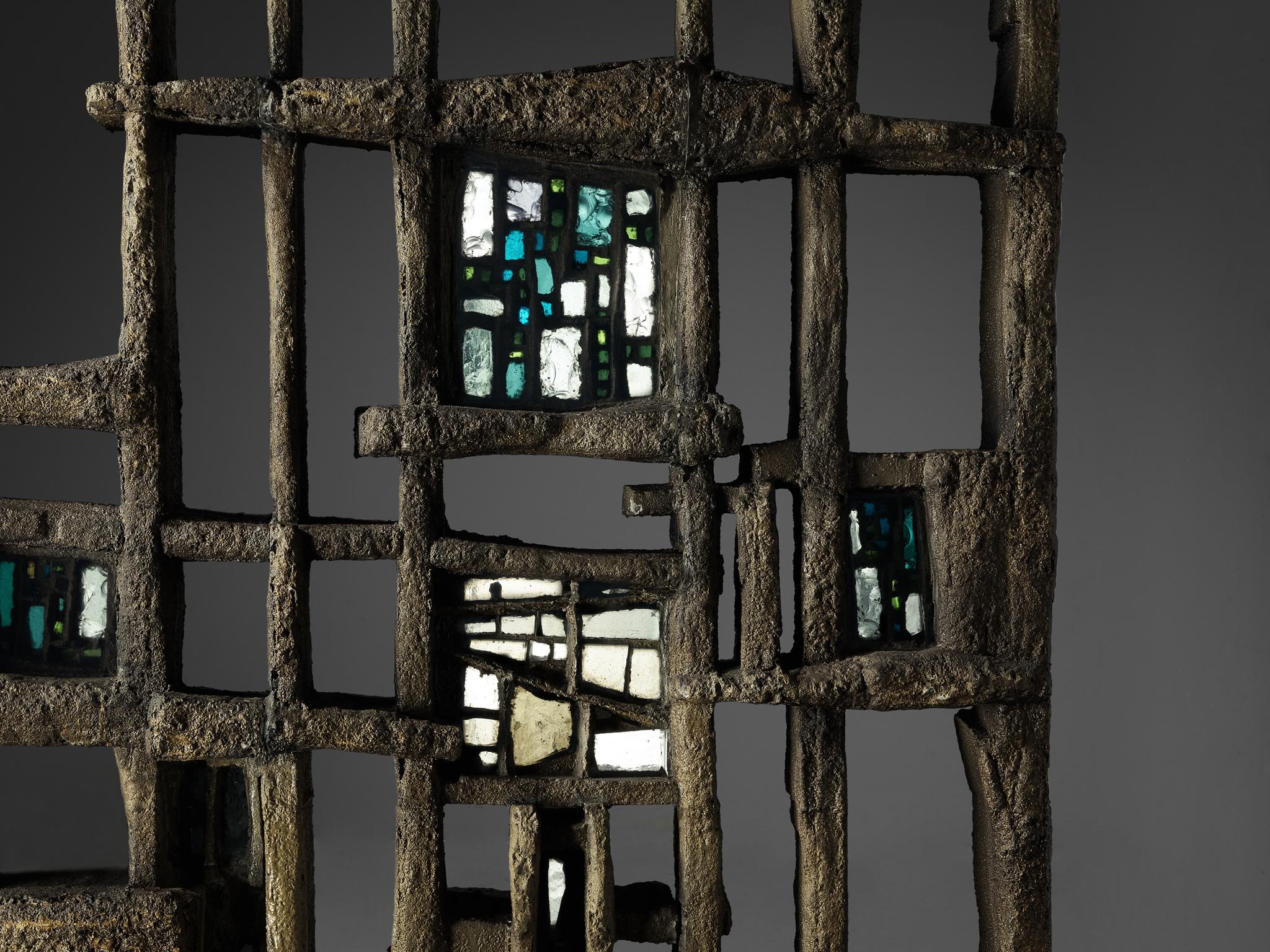 Late 20th Century Pia Manu Hand Crafted Room Divider in Burnished Concrete and Stained Glass For Sale