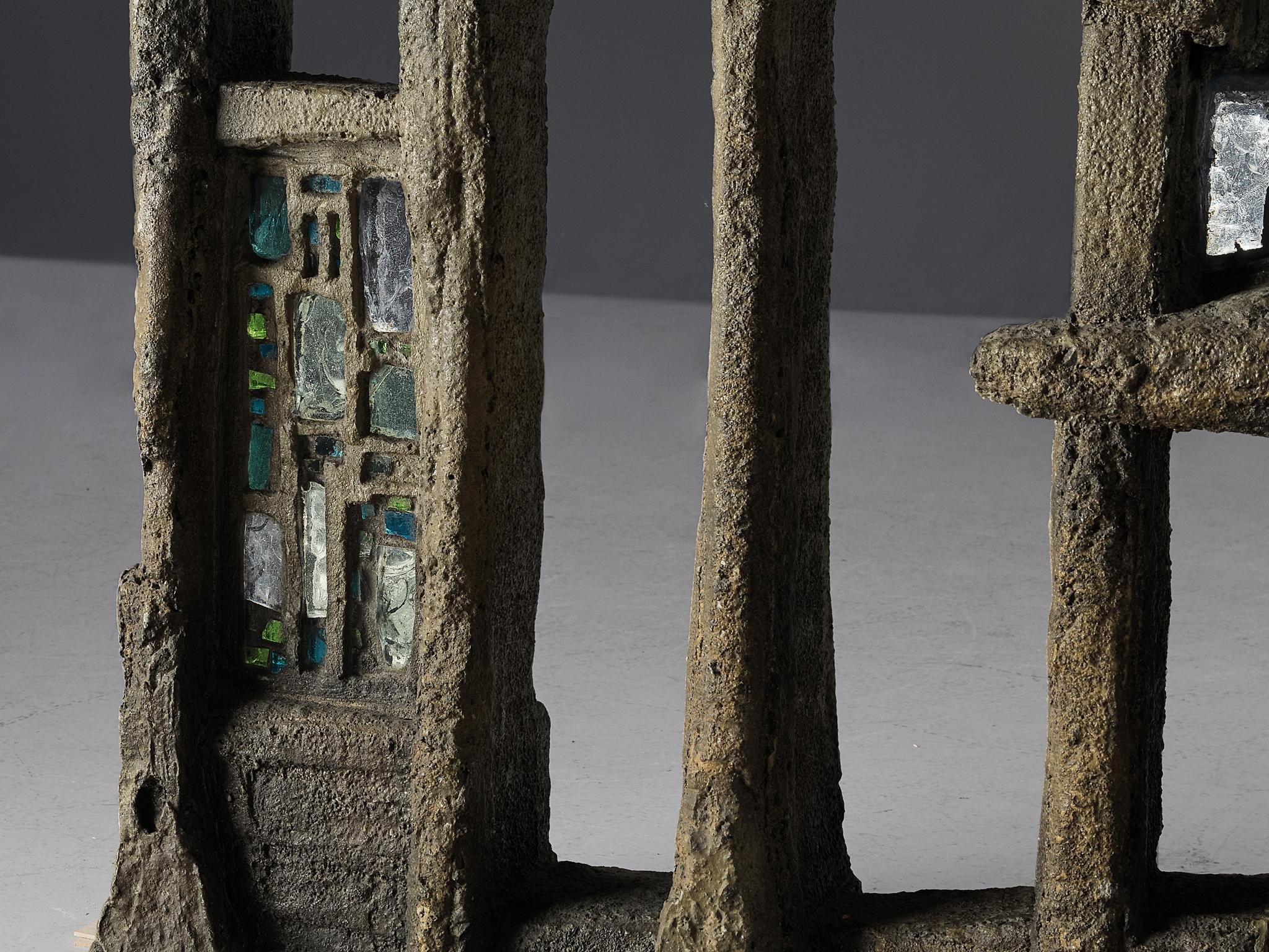 Pia Manu Hand Crafted Room Divider in Burnished Concrete and Stained Glass For Sale 2