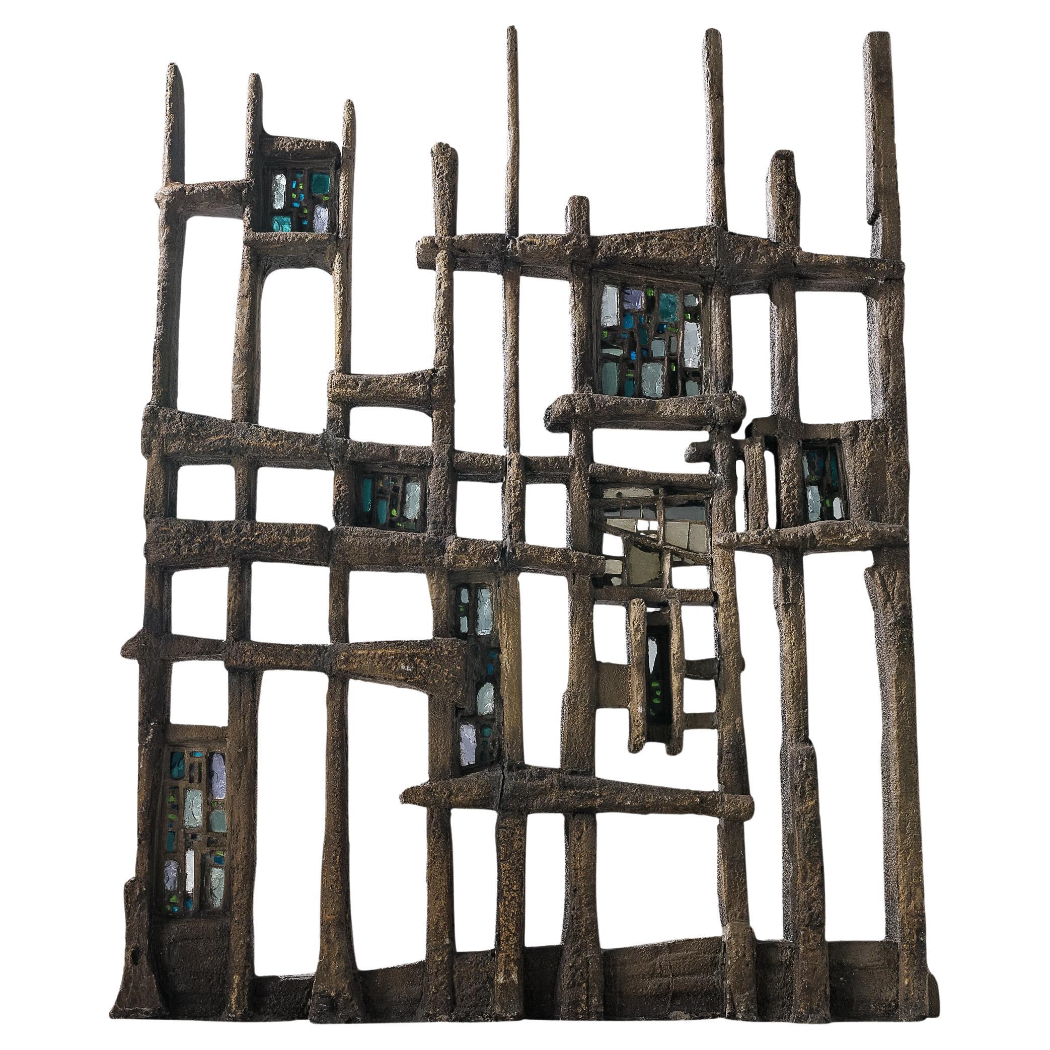 Pia Manu Hand Crafted Room Divider in Burnished Concrete and Stained Glass  For Sale