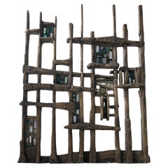 Pia Manu Hand Crafted Room Divider in Burnished Concrete and Stained Glass 