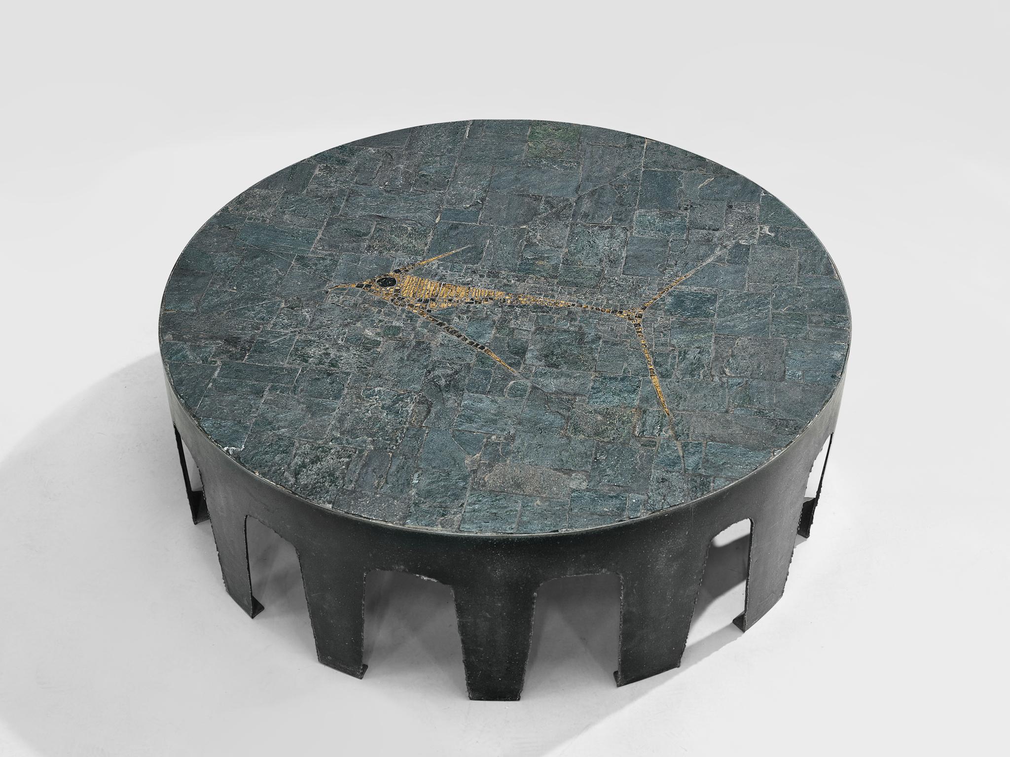 Pia Manu, coffee table, slate, pyrite, iron, Belgium, 1960s

This unique, handmade coffee table with cut and wrought iron frame is designed in the workshop of Pia Manu. First off, the tabletop is what catches your eye. With its subtle tones of black