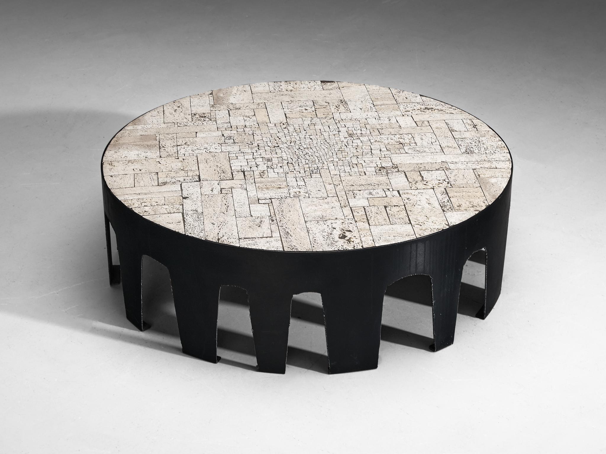 Pia Manu, coffee table, travertine, iron, Belgium, 1960s 

This unique, handmade piece is designed in the workshop of Pia Manu. Due to the artistic use of materials and texture combinations, the coffee table has a strong decorative character and