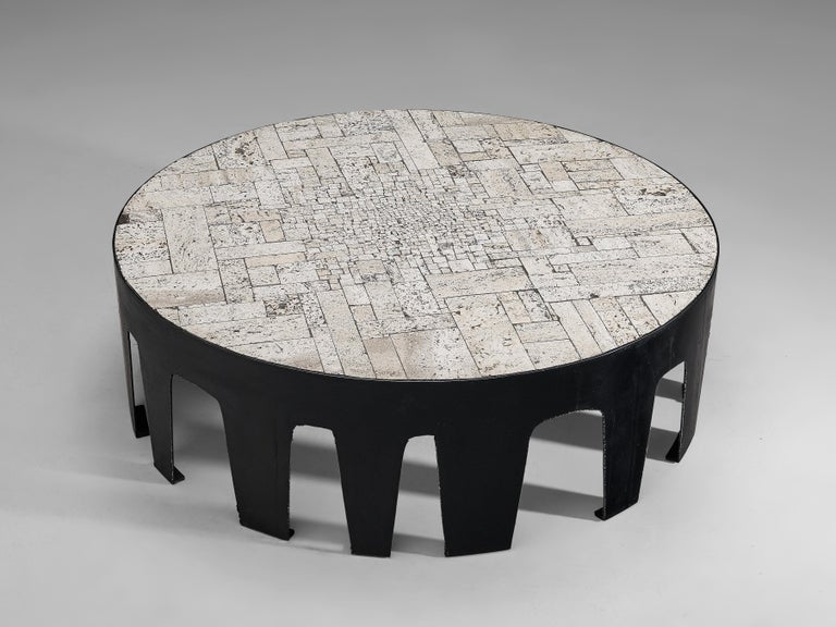 Mid-Century Modern Pia Manu Handcrafted Coffee Table in Travertine For Sale