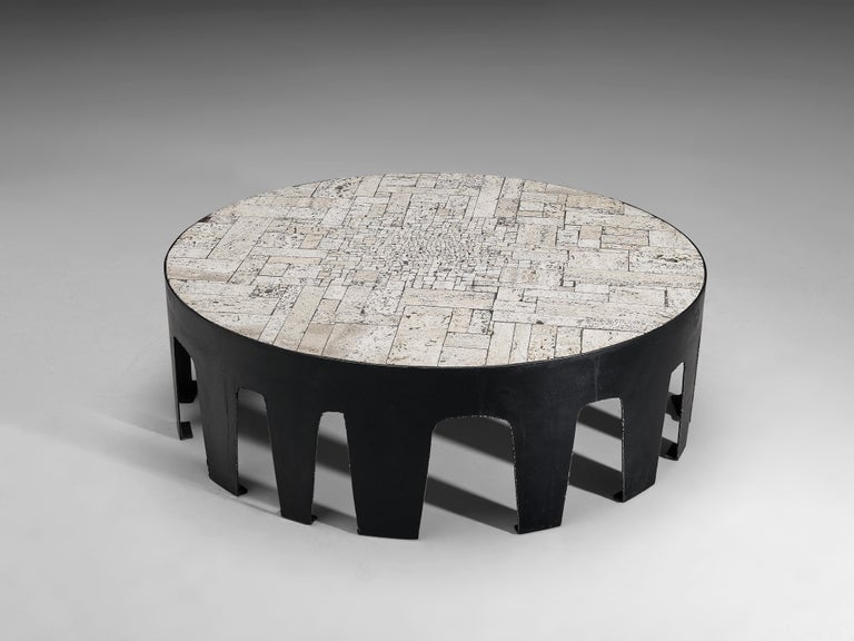 Belgian Pia Manu Handcrafted Coffee Table in Travertine For Sale