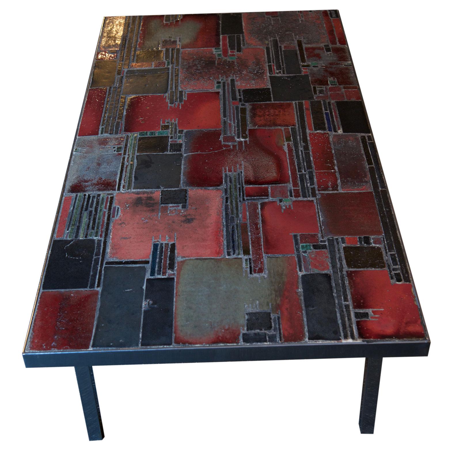 Rectangular coffee table by Pia Manu (signed on the top). The top is made of tiles of red glazed ceramic, slate and black Belgian marble.