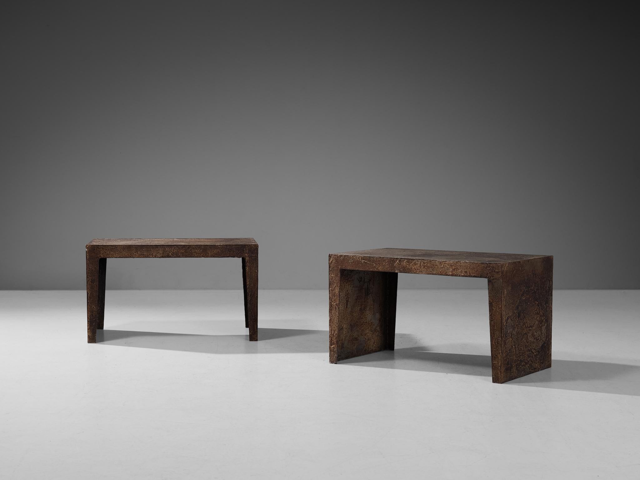 Pia Manu, side tables or night stands, wrought iron, Belgium, 1960s.

These one of a kind set of side tables designed in the workshop of Pia Manu is truly spectacular. The most prominent feature is the is execution in wrought iron. Sharp