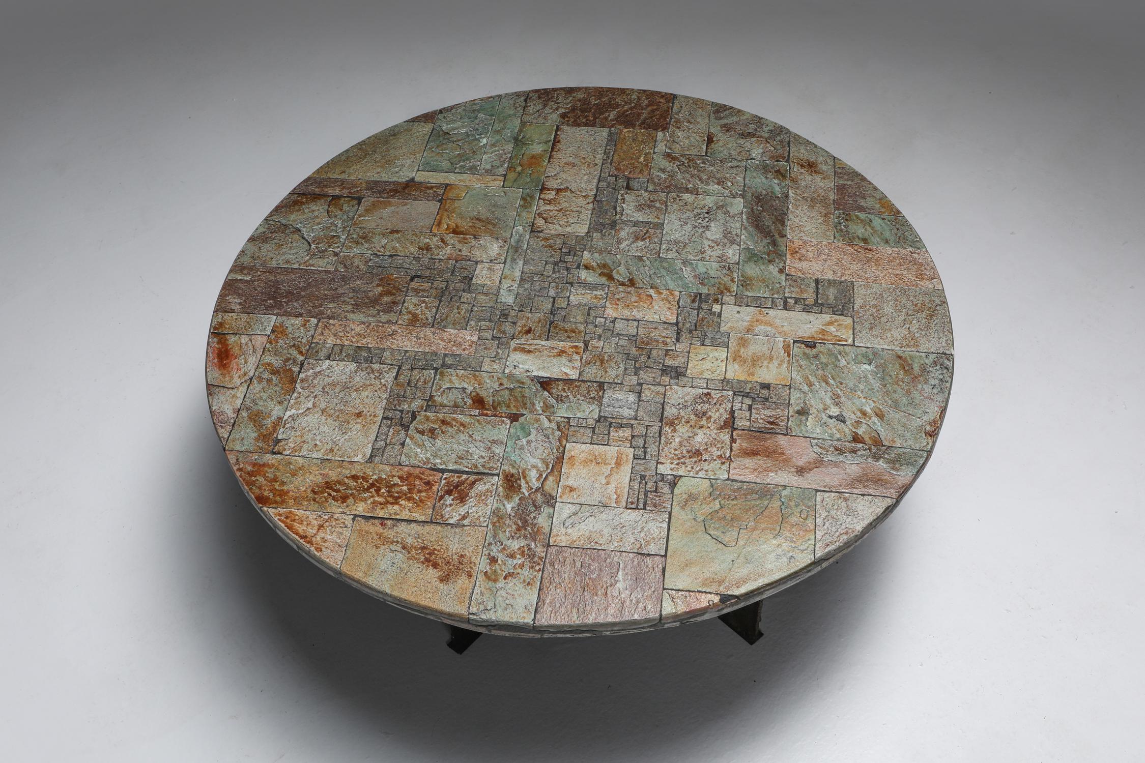 Late 20th Century Pia Manu Round Slate Mosaic Coffee Table, Belgium, 1970