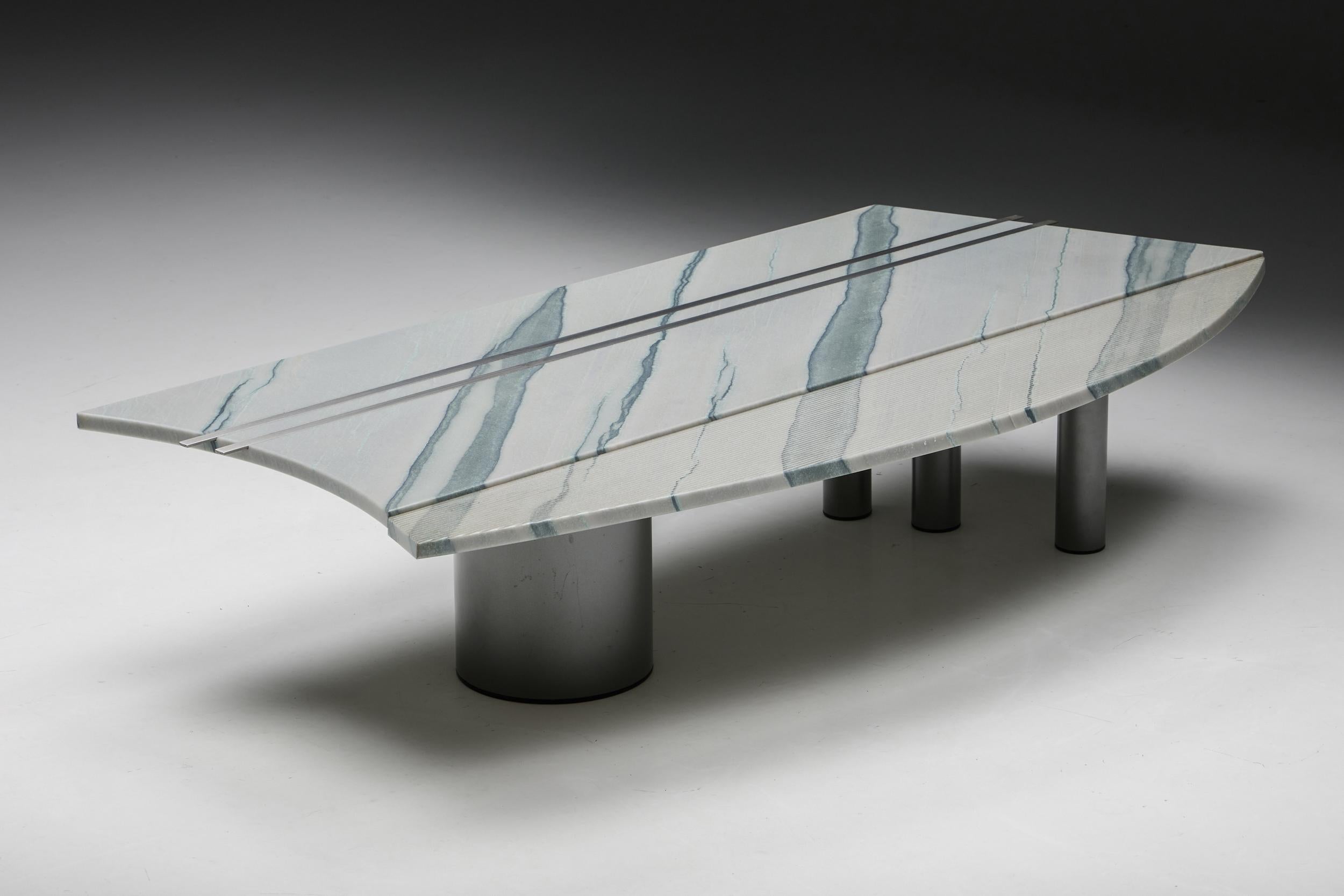 Pia Manu; marble; steel; coffee table; cocktail table; 1990s; Belgium; Belgian Design; Side Table; Post-Modern;

Belgian post-modern marble sculptural coffee table created by Pia Manu in the 1990s. A sculptural design featuring four cylindrical
