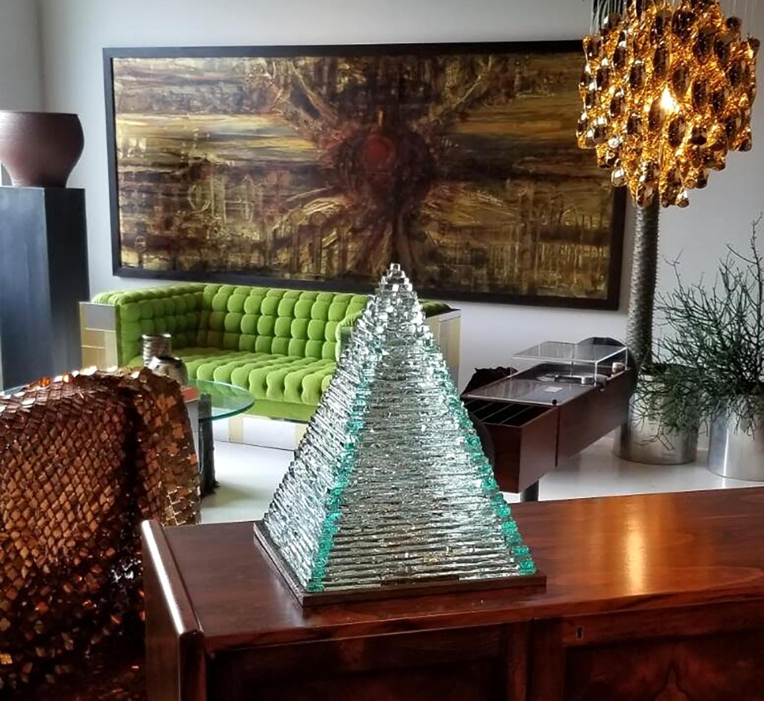 1970s rough-cut stacked glass pyramid table lamps custom made by the Pia Manu studio in Belgium. These one of a kind light sculptures were designed by Jules Dewaele in the modern Brutalist style. The lamps are absolutely stunning functional works of