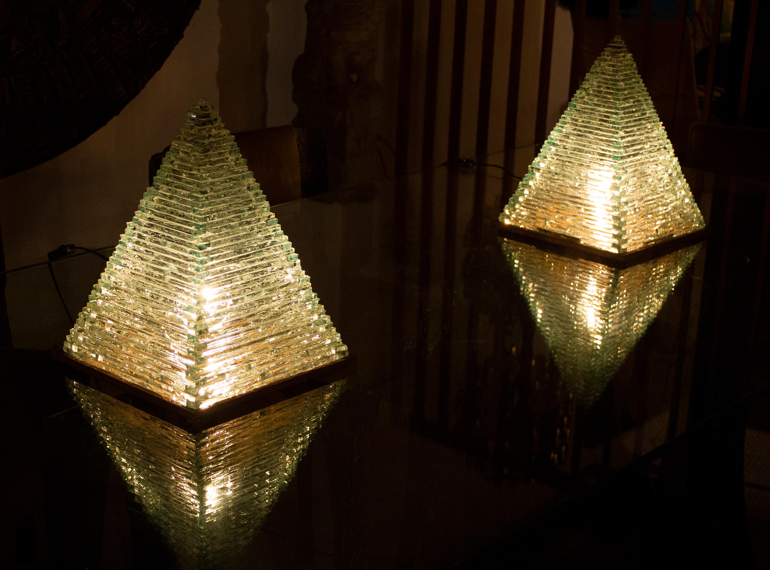 Brutalist Pia Manu Table Lamps Pyramid Form in Stacked Glass & Corten Steel, Belgium 1960s