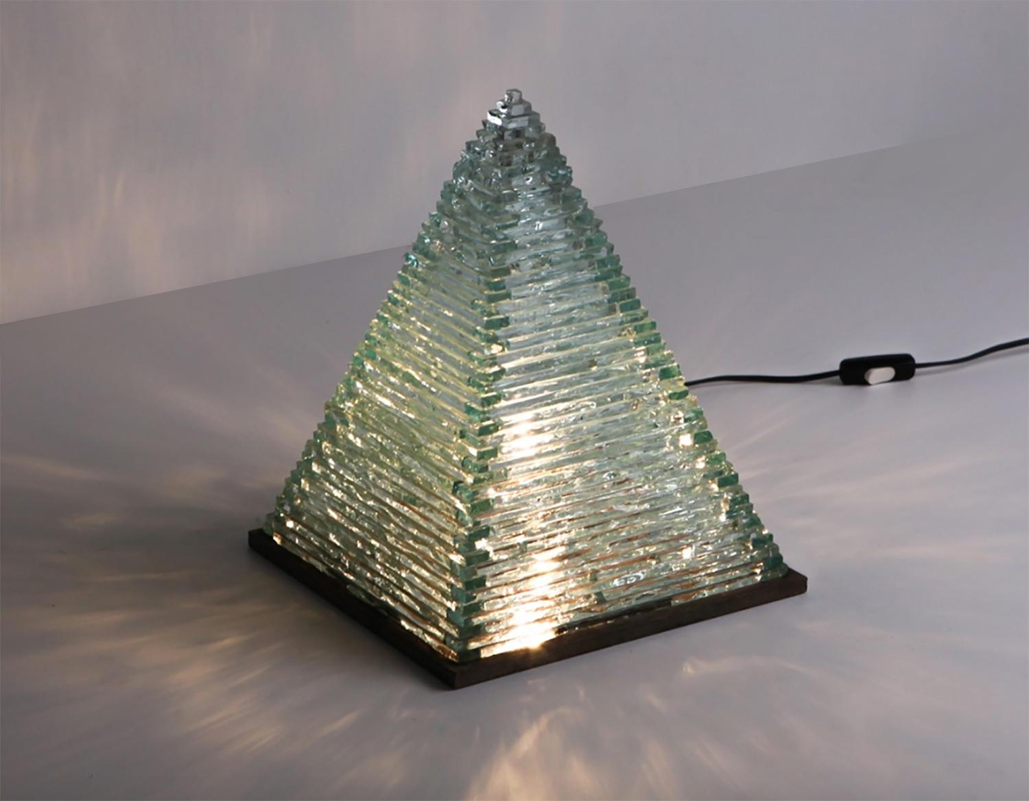 Belgian Pia Manu Table Lamps Pyramid Form in Stacked Glass & Corten Steel, Belgium 1960s