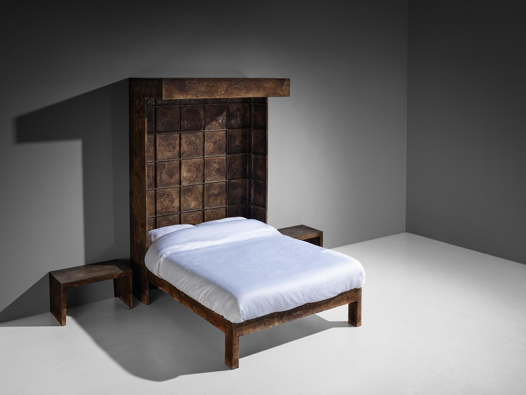 Pia Manu, bed with nightstands, wrought iron, Belgium, 1960s 

This one of a kind bedroom set designed in the workshop of Pia Manu is truly spectacular. The most prominent feature is the sizeable headboard that, like the whole set, is executed in