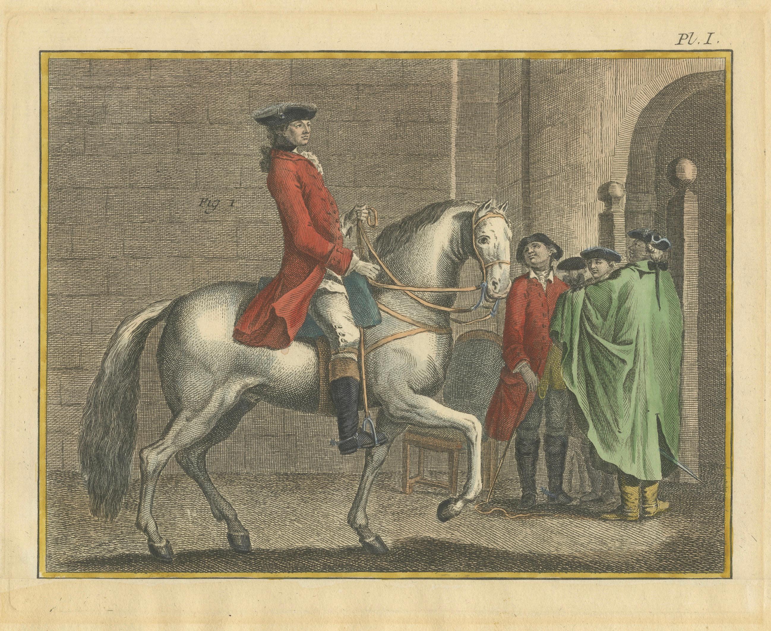 Piaffe Dressage Lesson in the Pillars — Encyclopédie Horse Engraving, 1750