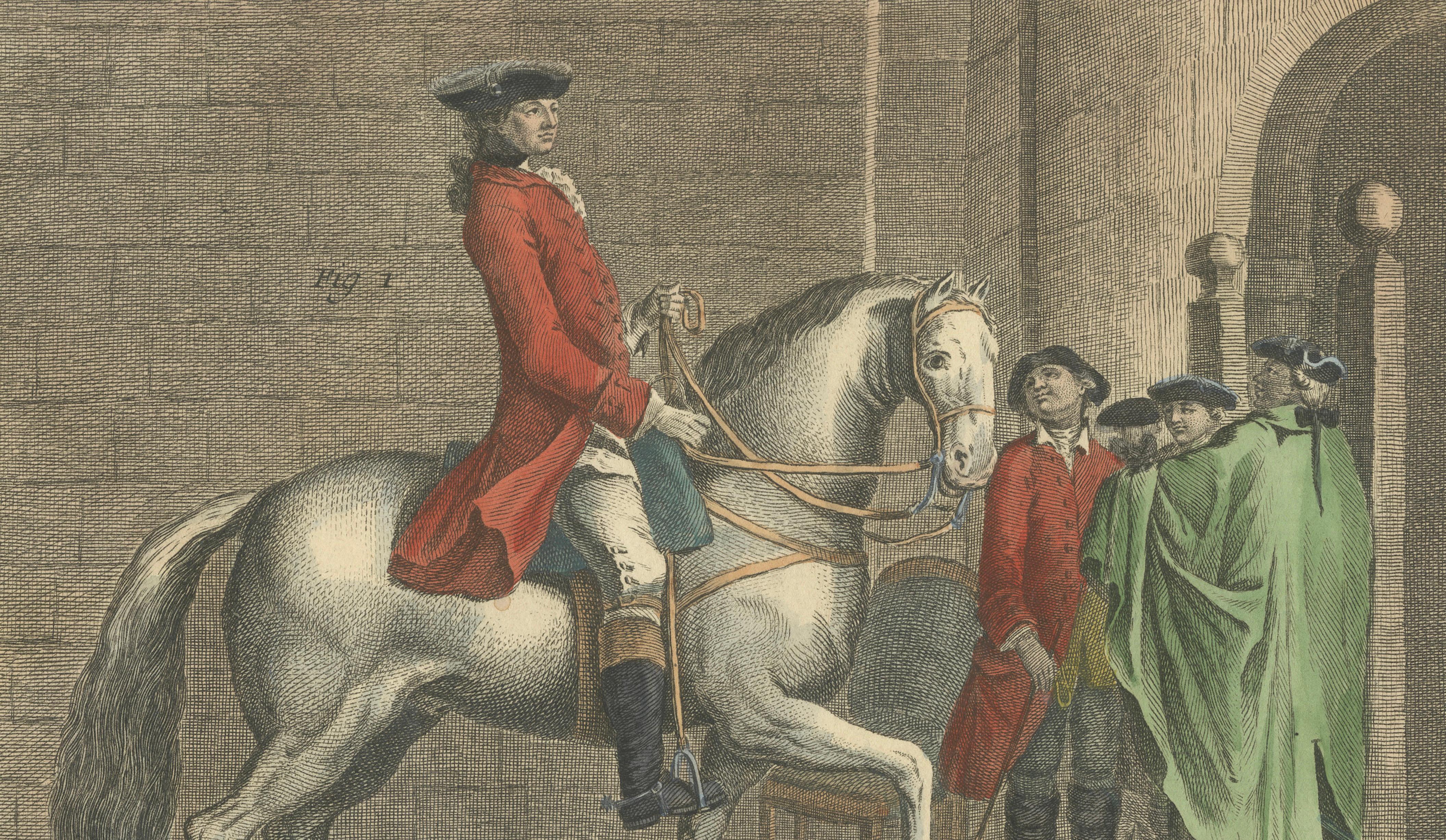 Piaffe Dressage Lesson in the Pillars — Encyclopédie Horse Engraving, 1750