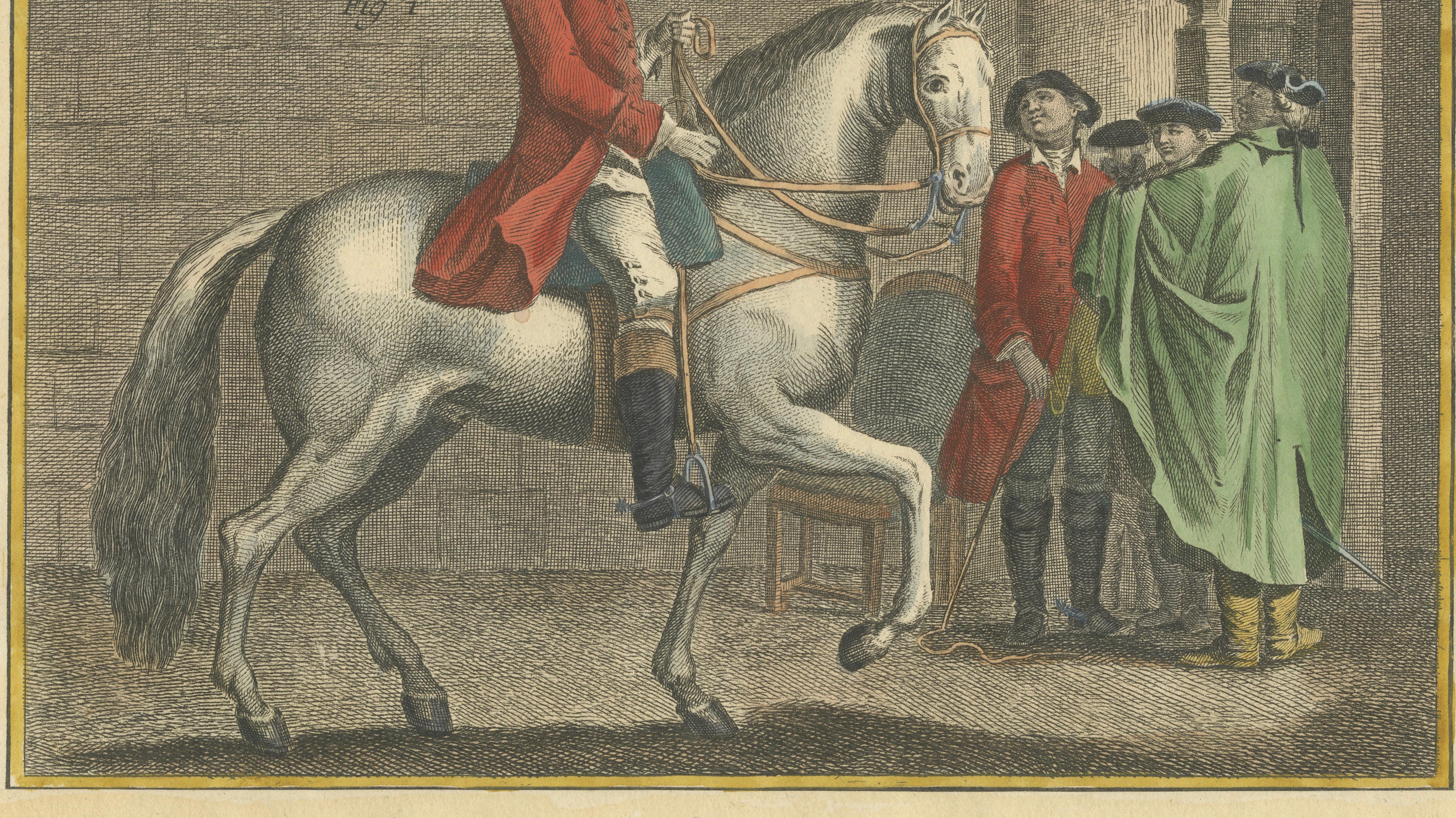 Piaffe Dressage Lesson in the Pillars — Encyclopédie Horse Engraving, 1750