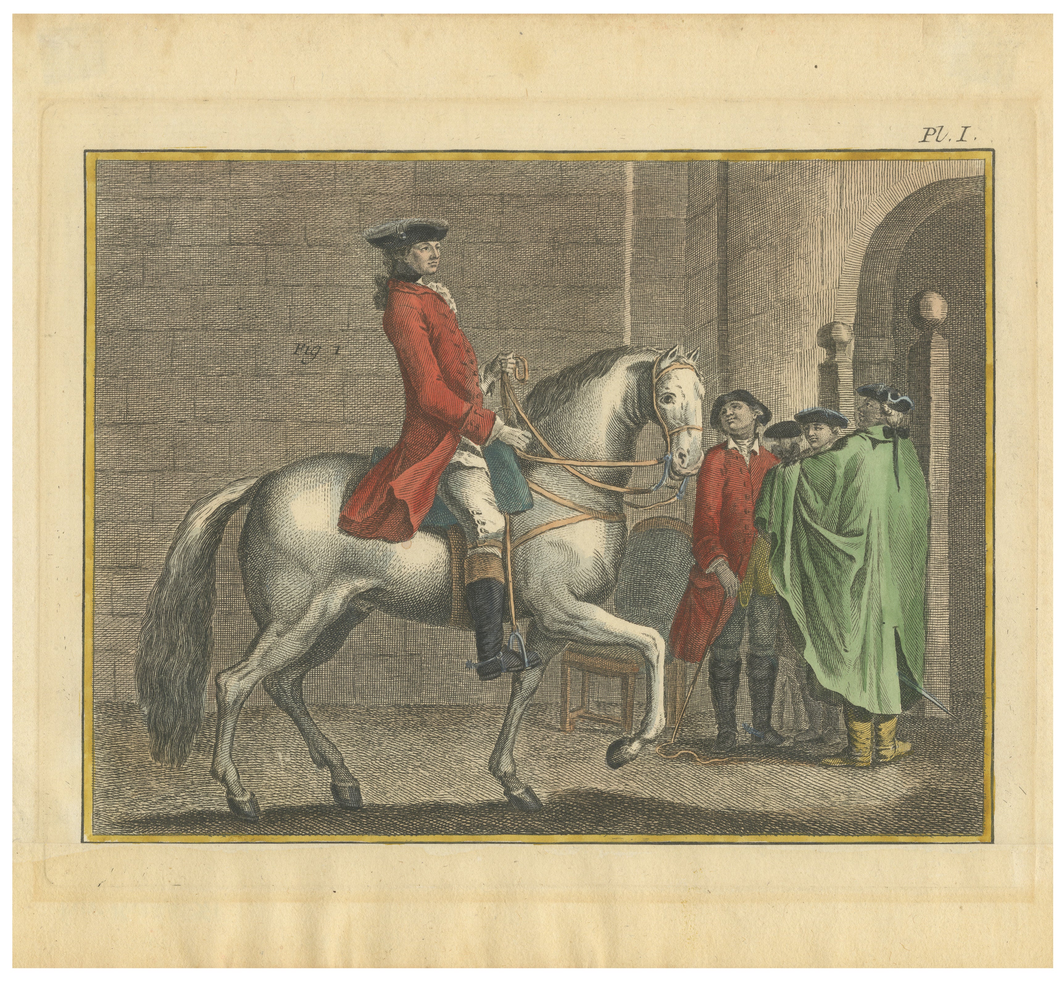 Piaffe Dressage Lesson in the Pillars — Encyclopédie Horse Engraving, 1750