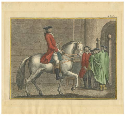 Piaffe Dressage Lesson in the Pillars — Encyclopédie Horse Engraving, 1750