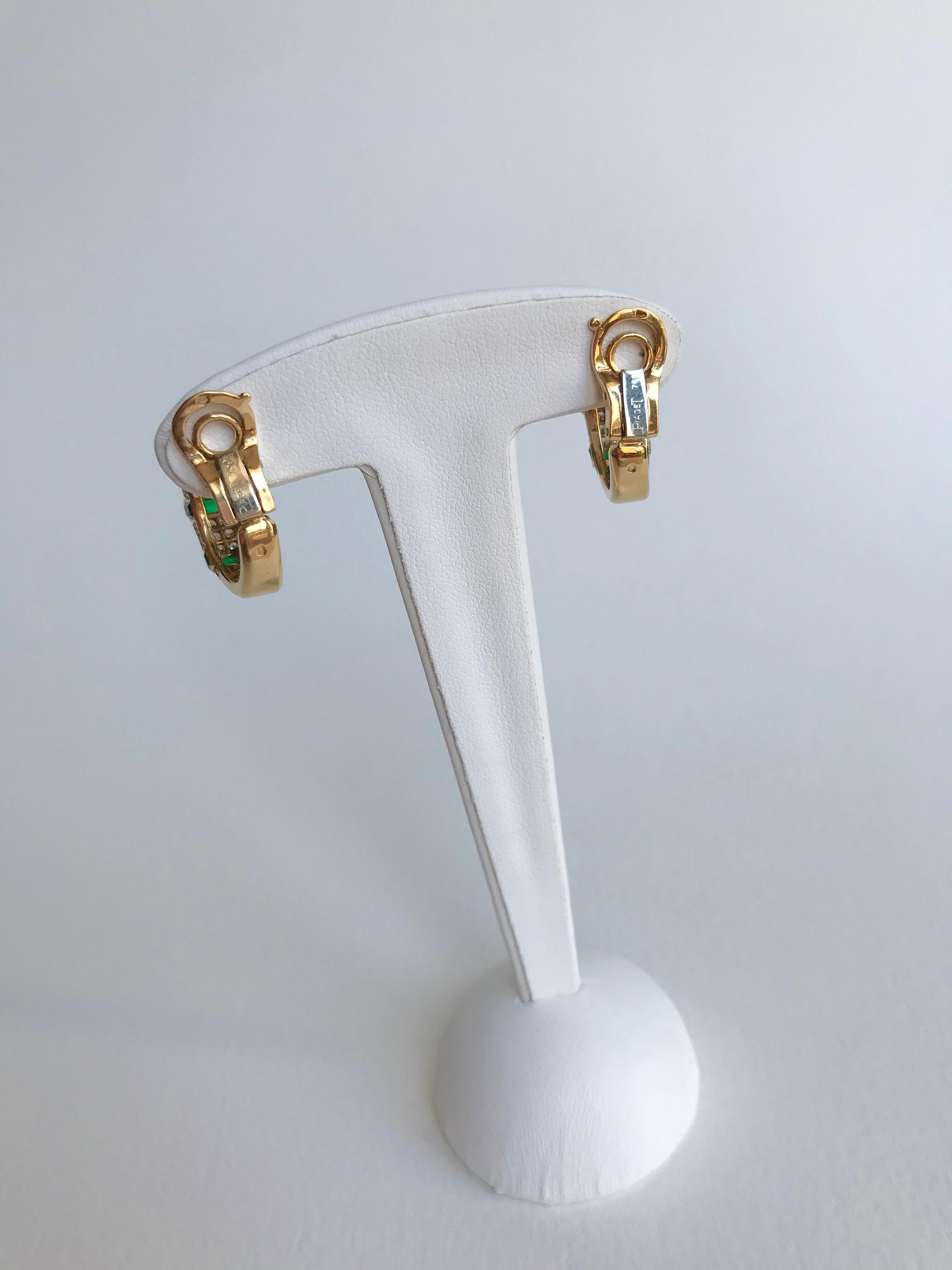 Emerald Cut Piaget 18 Carat Yellow Gold Diamonds and Emerald Earrings For Sale