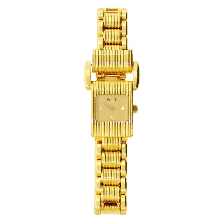 Rare Piaget 5221 18k 750 Gold Diamond Watch Colored Dial - Miss Protocole
Description: This timepiece is the epitome of elegance and style - Piaget's Miss Protocole is made out of solid 18K Gold and is one of the high end jewelry watch collections